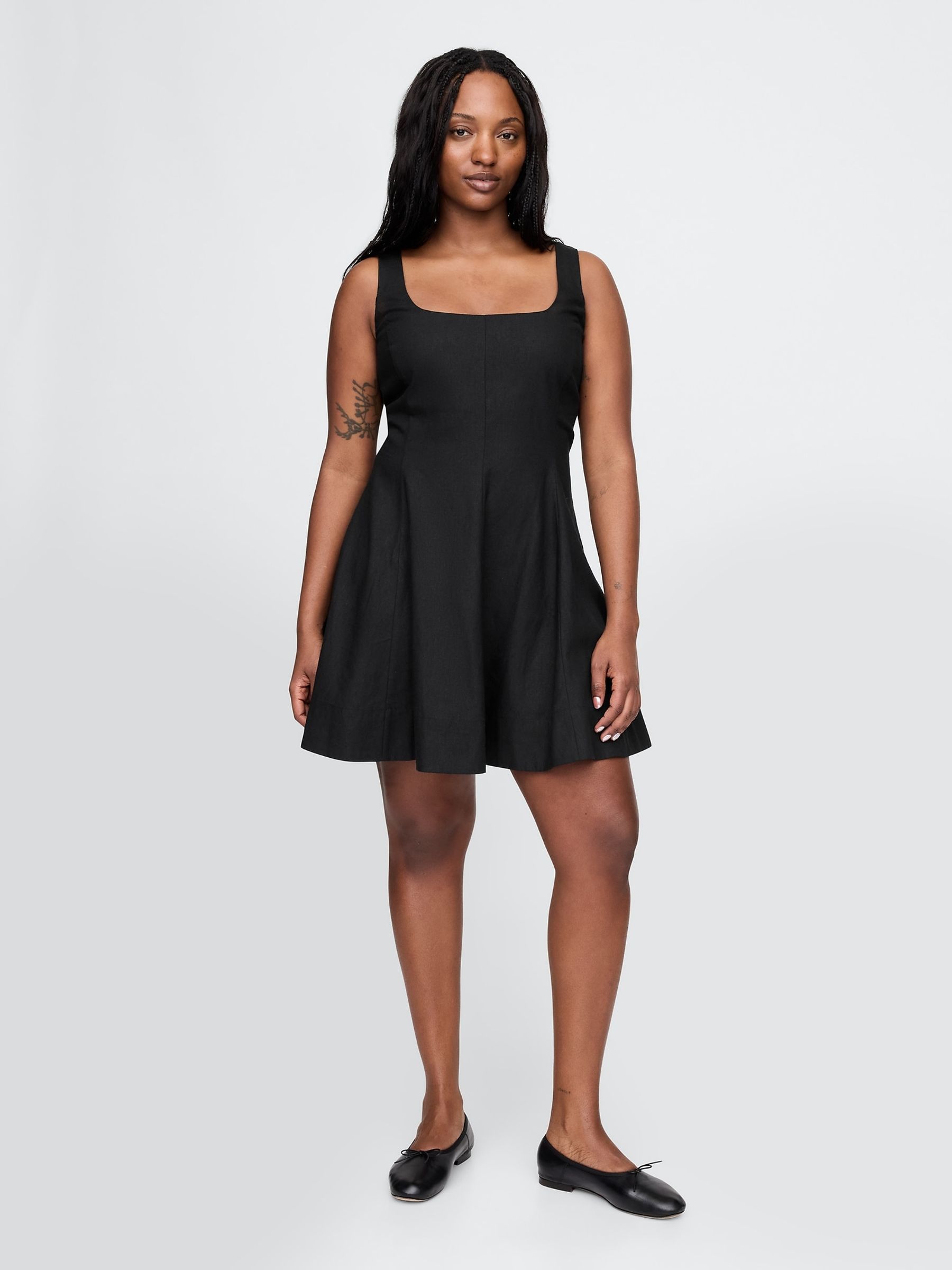 Black Heavyweight Square Neck Linen-Blend Mini Dress - Image 4 of 5
