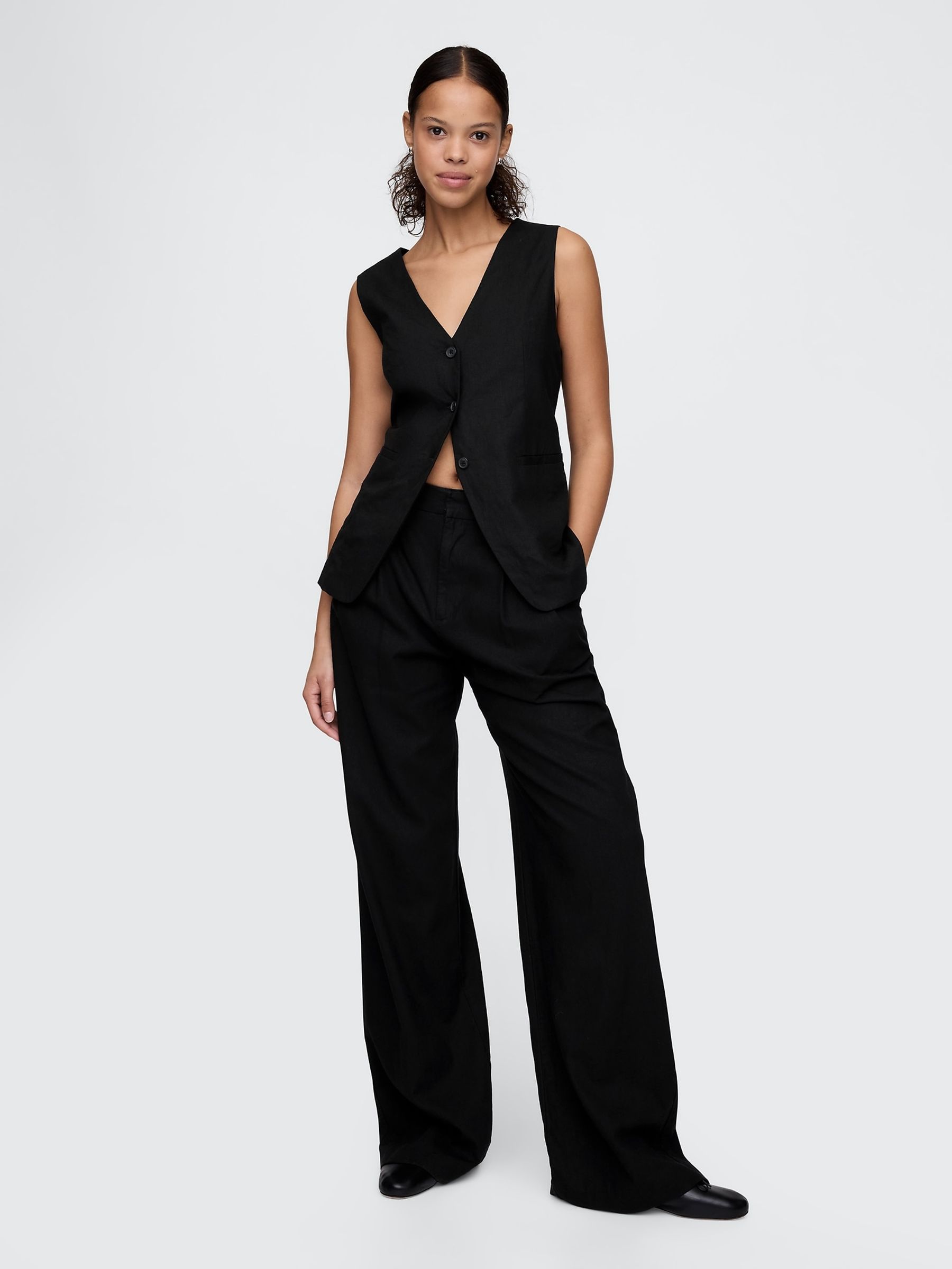 Black Heavyweight Linen Blend Longline Waistcoat - Image 3 of 5
