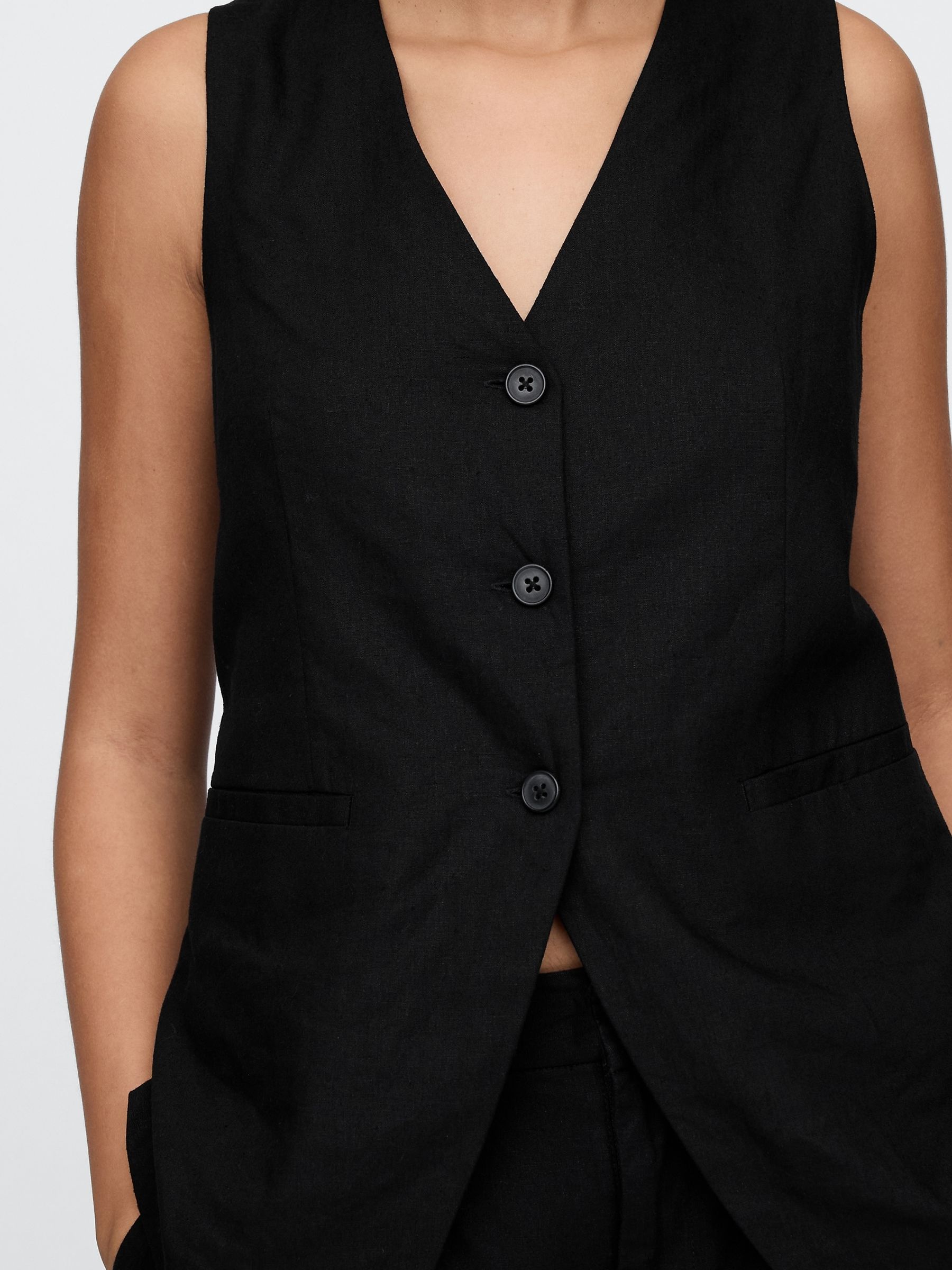 Black Heavyweight Linen Blend Longline Waistcoat - Image 4 of 5