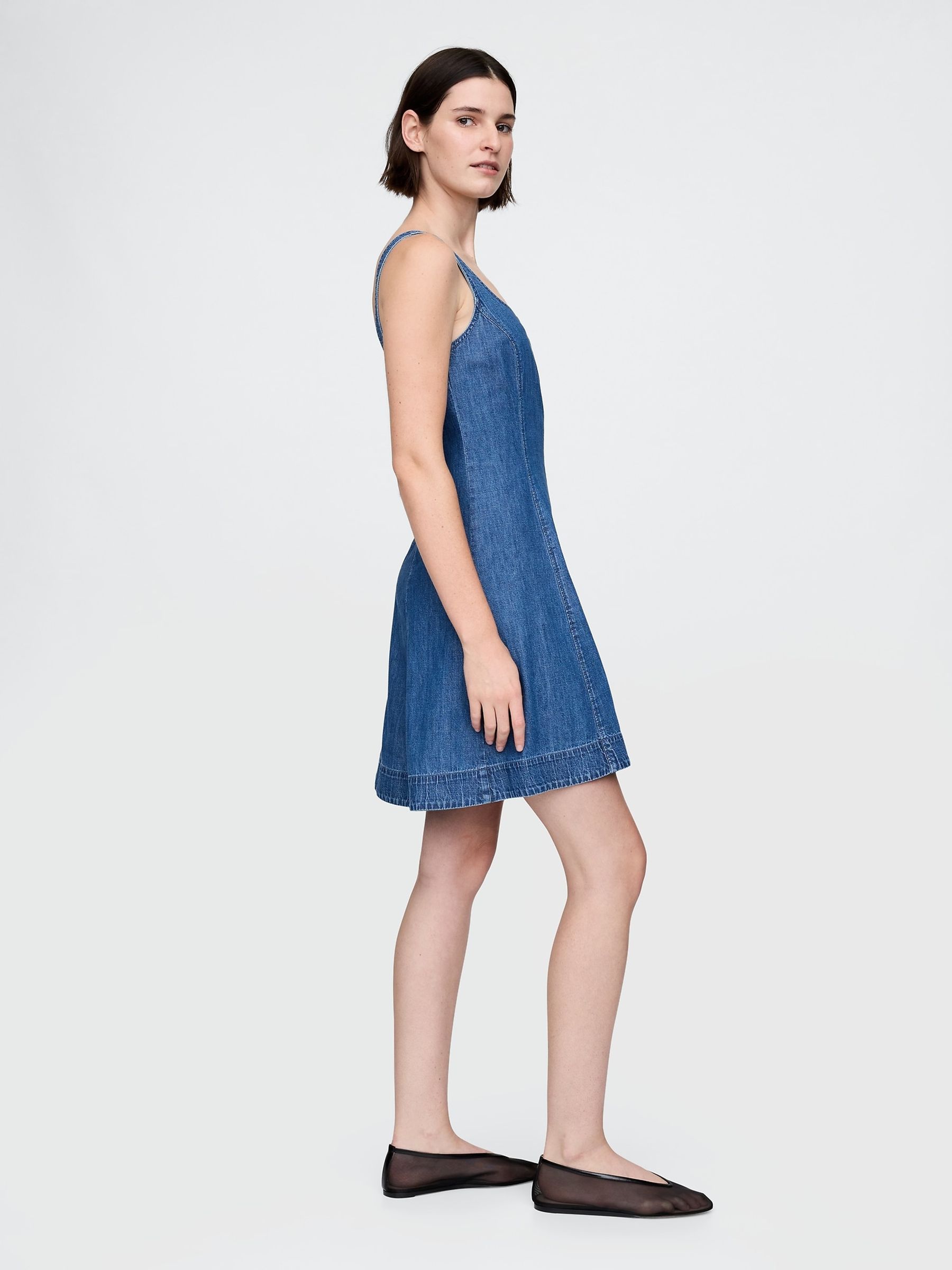 Blue 100% Cotton Square Neck Denim Mini Dress - Image 3 of 4