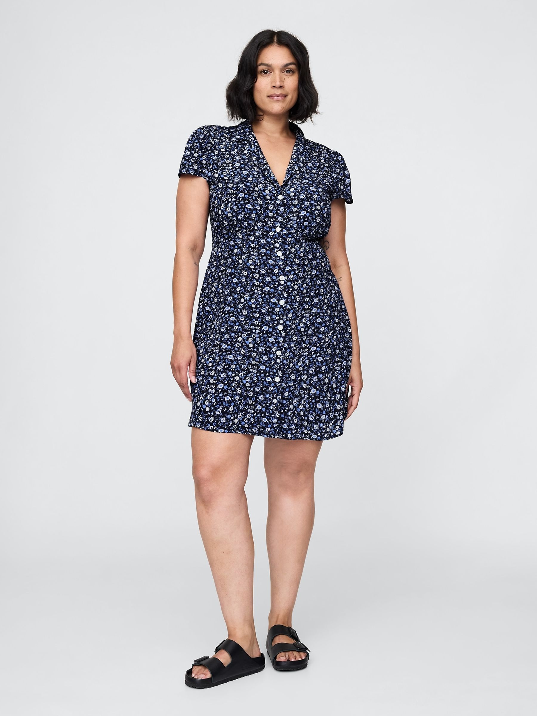 Blue Floral Button Front Mini Summer Dress - Image 4 of 5