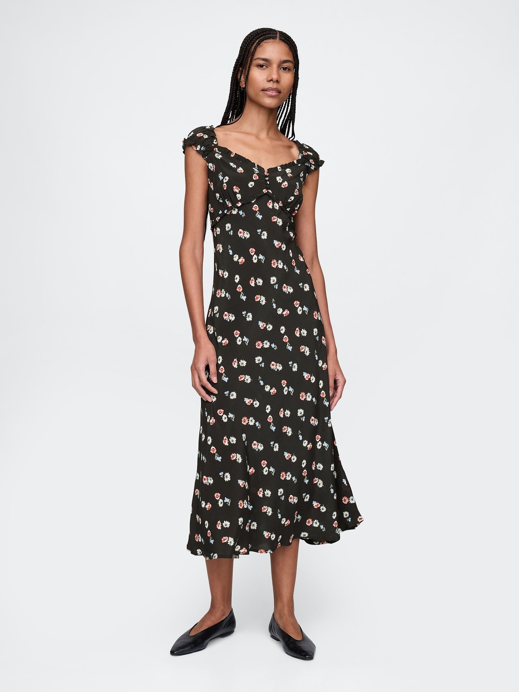 Black Sweetheart Neck Floral Midi Dress - Image 1 of 7