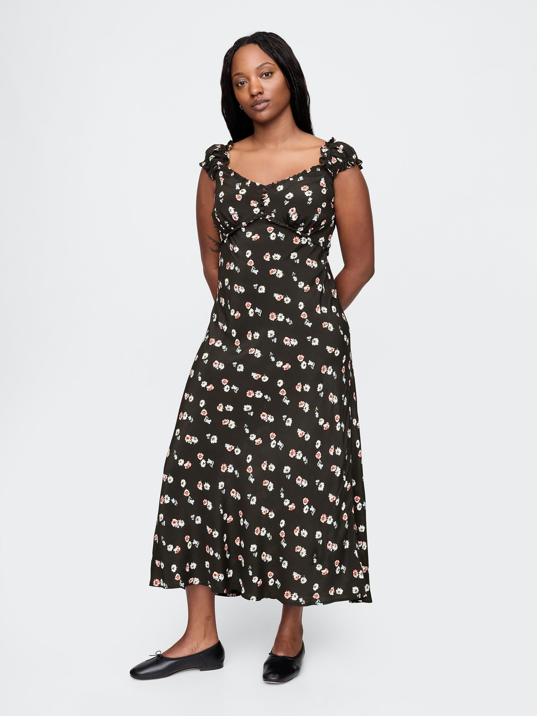 Black Sweetheart Neck Floral Midi Dress - Image 4 of 7