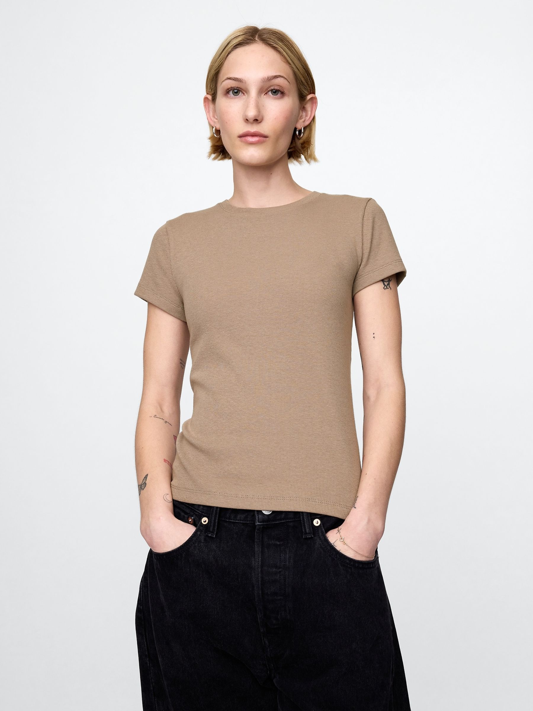 Brown Modern Cotton-Modal Short Sleeve Ribbed Cropped T-Shirt - Image 1 of 5