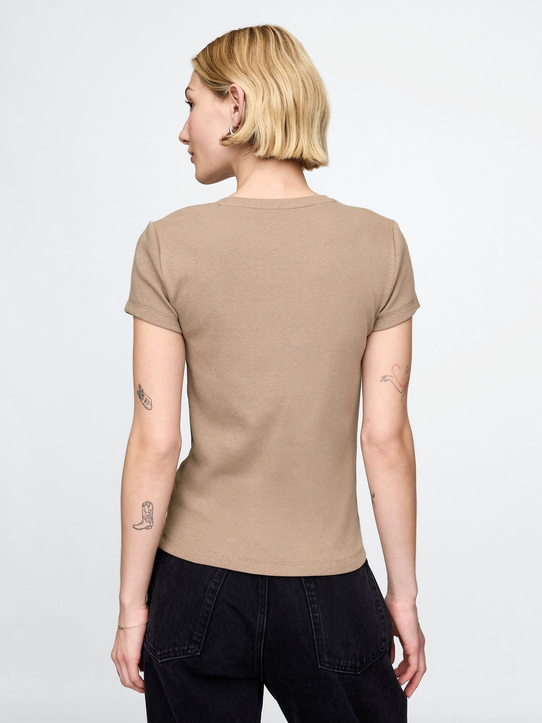 Brown Modern Cotton-Modal Short Sleeve Ribbed Cropped T-Shirt - Image 2 of 5