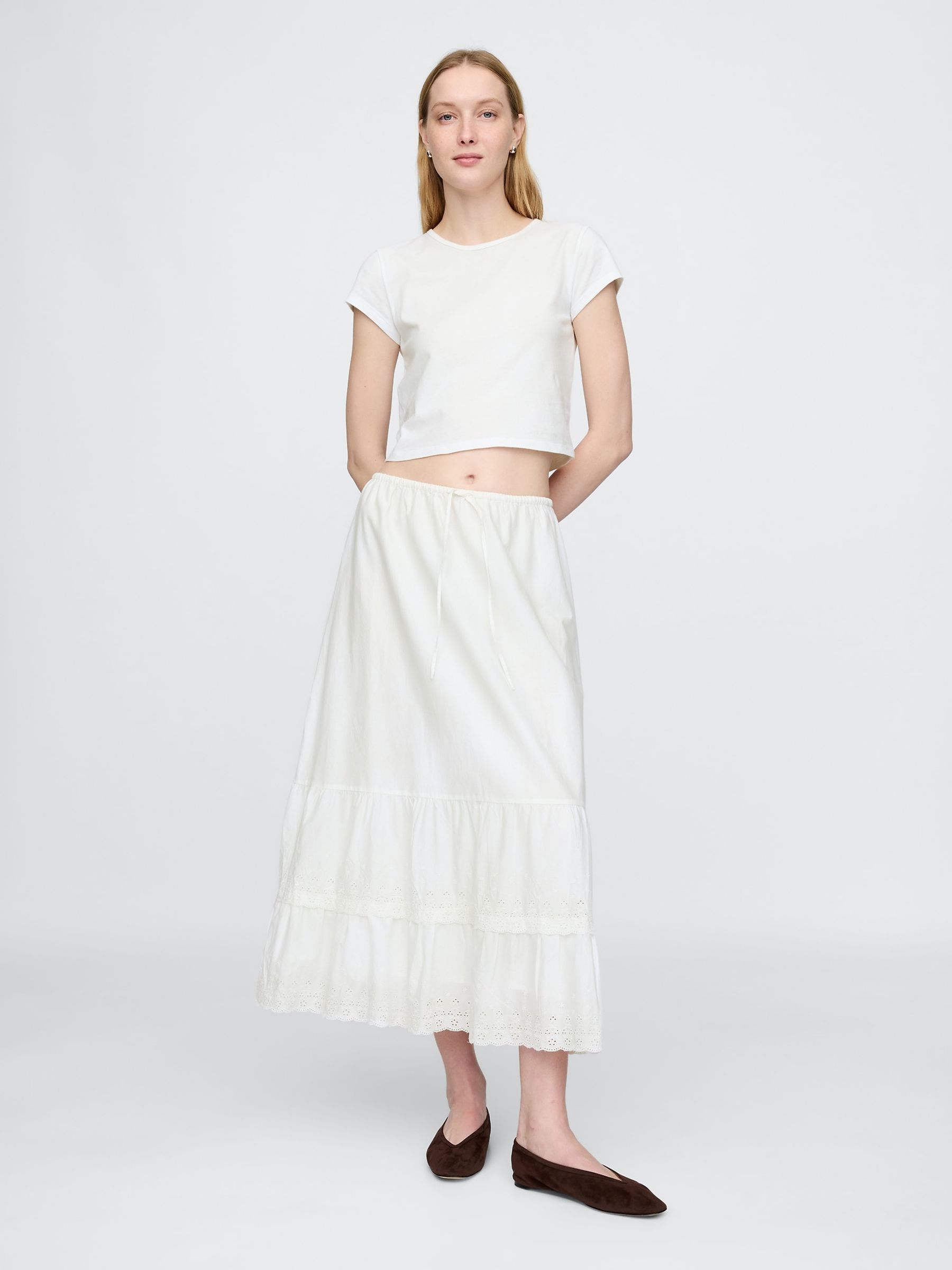White Cotton Easy Tiered Eyelet Maxi Skirt - Image 1 of 5