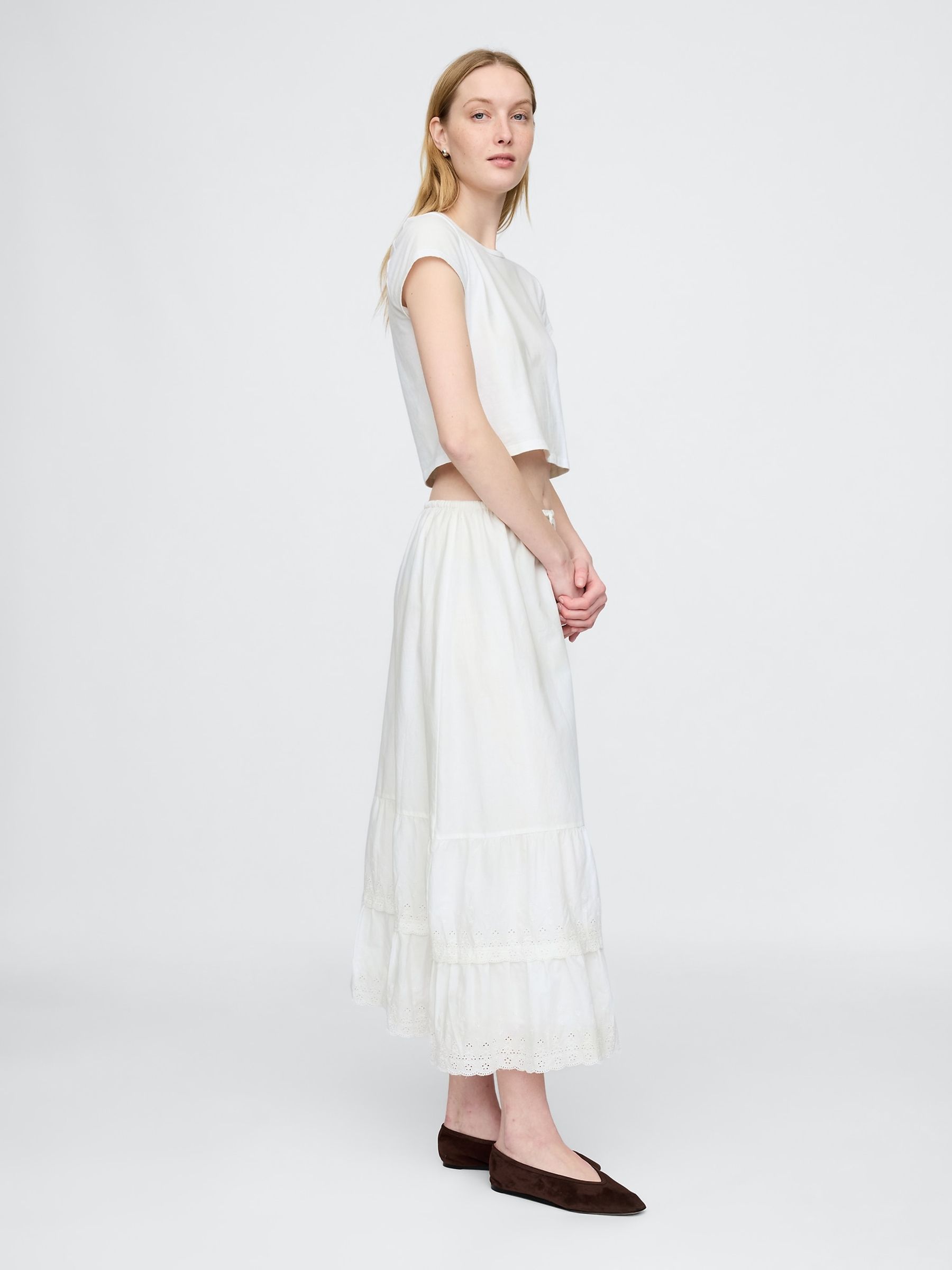 White Cotton Easy Tiered Eyelet Maxi Skirt - Image 3 of 5