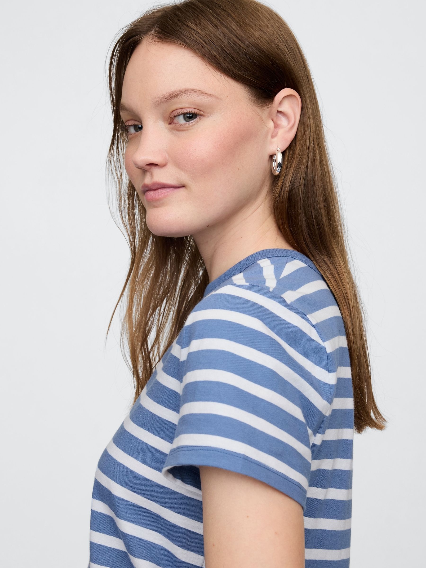 Beige Stripe Crew Neck Favourite Cotton Short Sleeve T-Shirt - Image 3 of 4