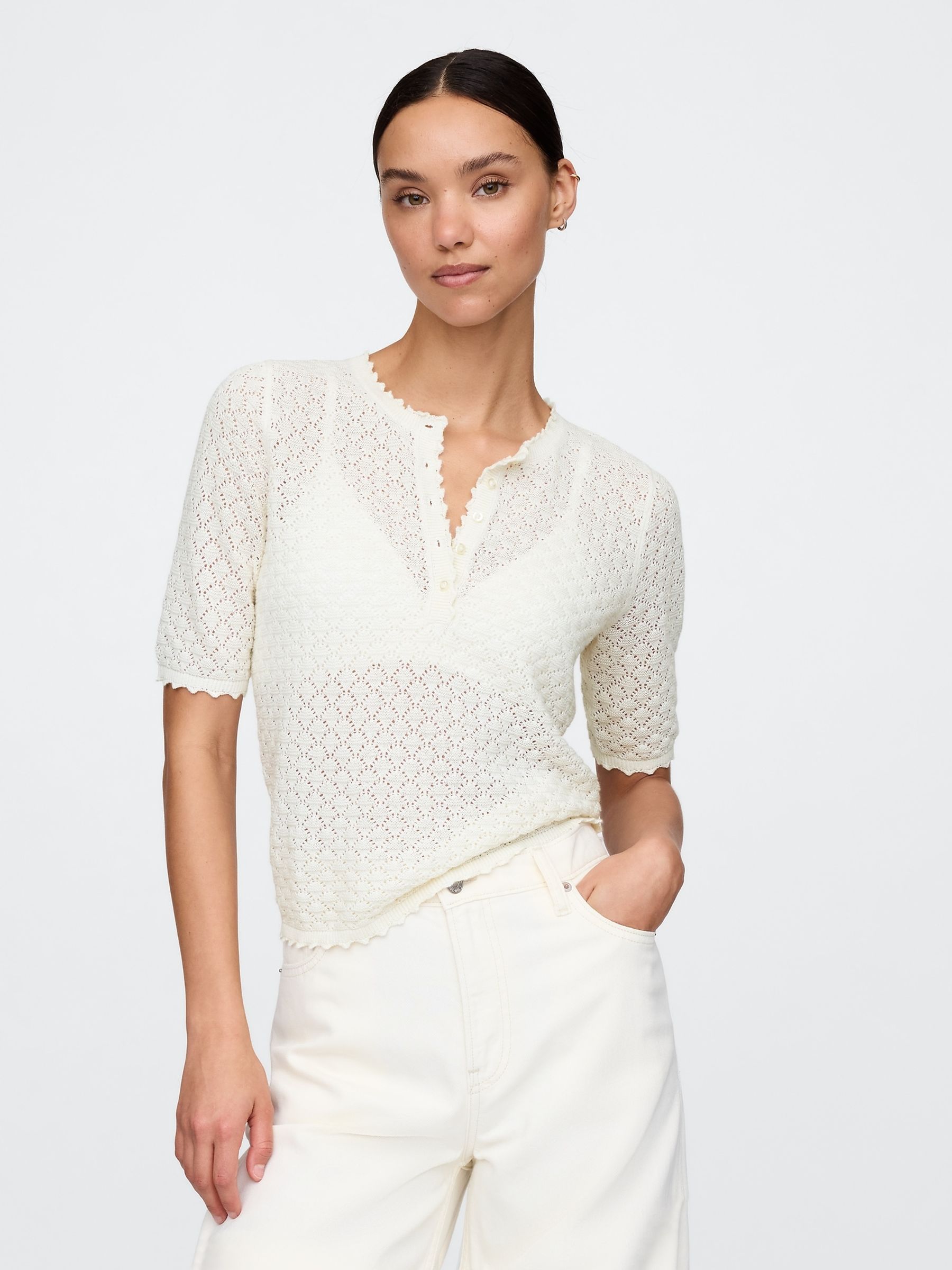 Beige Linen-Blend Pointelle Henley Top - Image 1 of 5