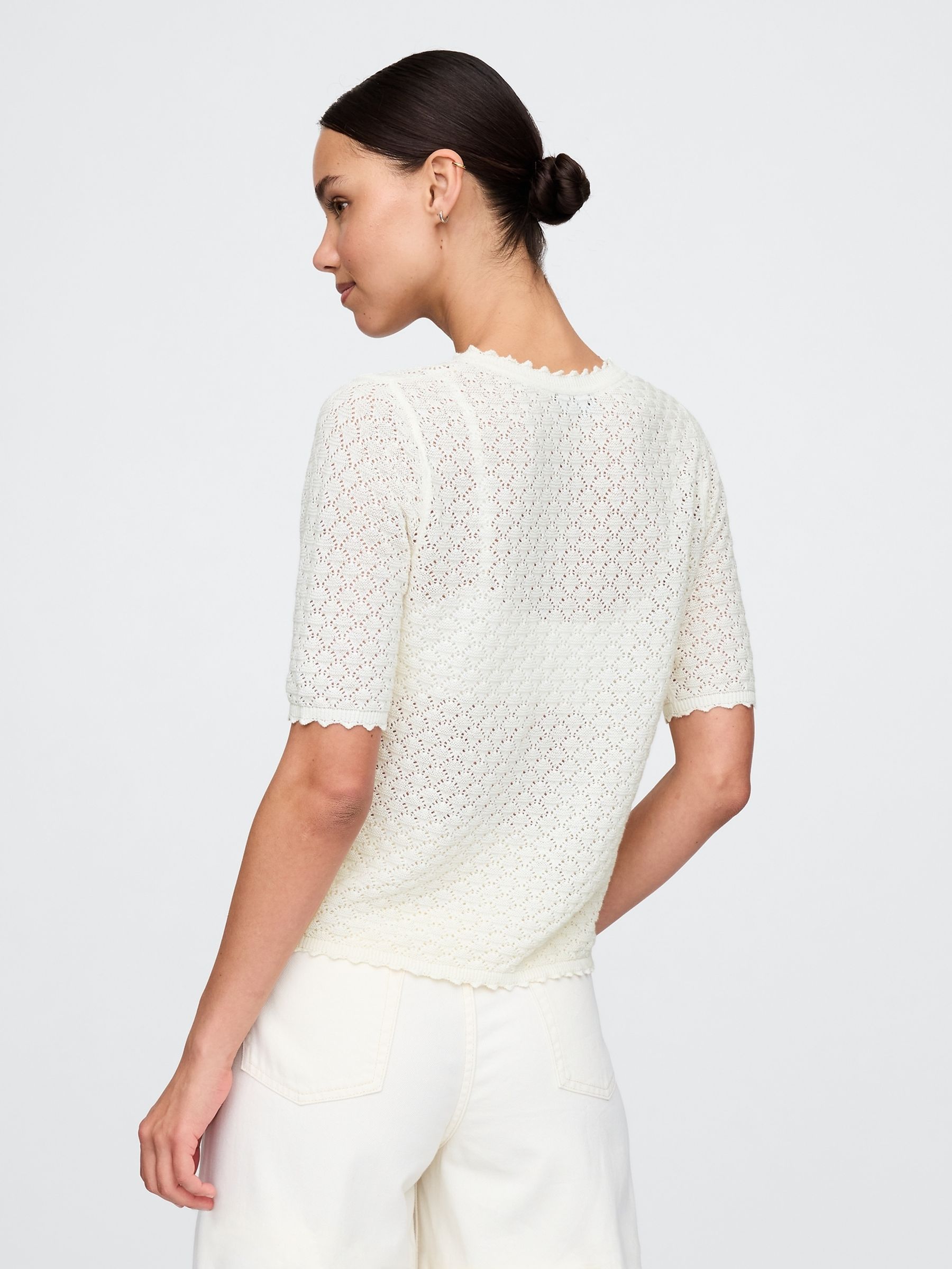 Beige Linen-Blend Pointelle Henley Top - Image 2 of 5