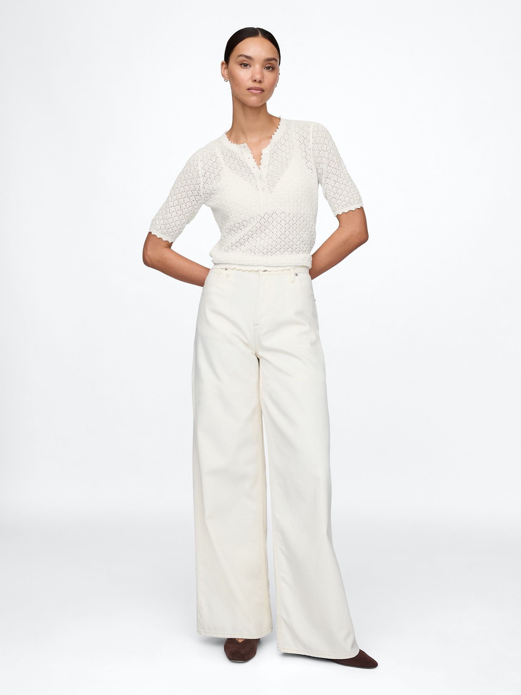 Beige Linen-Blend Pointelle Henley Top - Image 3 of 5