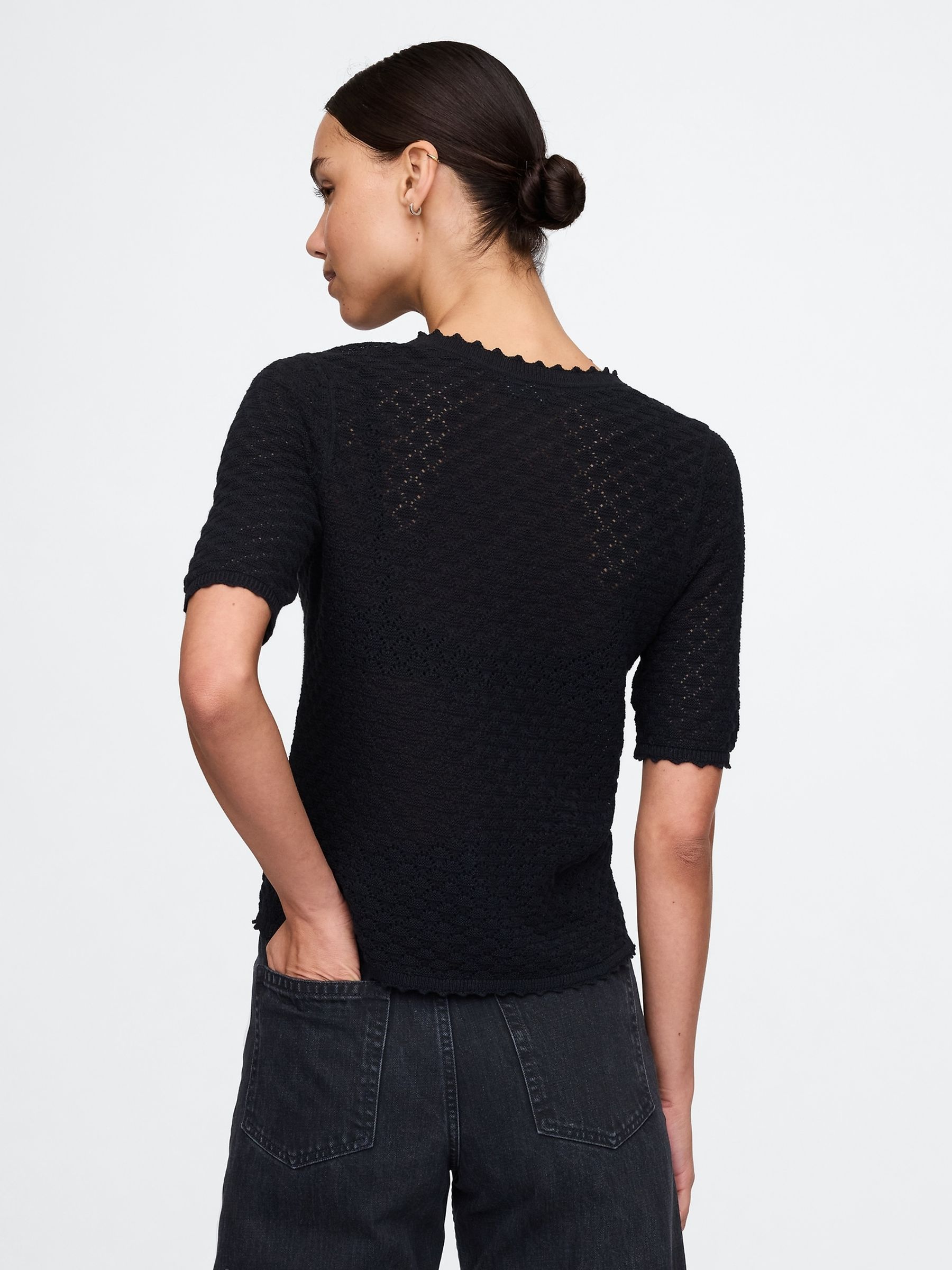 Black Linen-Blend Pointelle Henley Top - Image 2 of 5