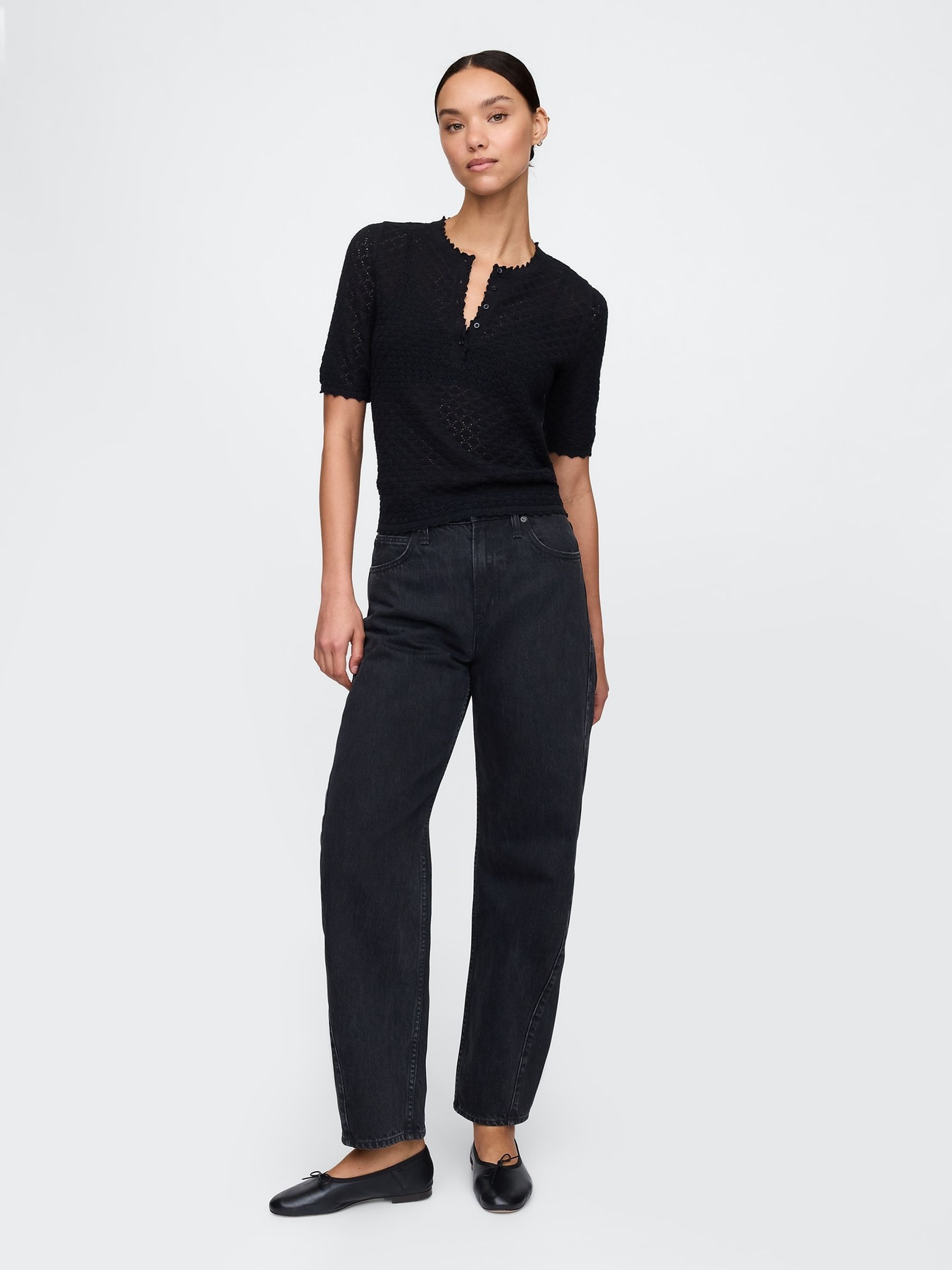 Black Linen-Blend Pointelle Henley Top - Image 3 of 5