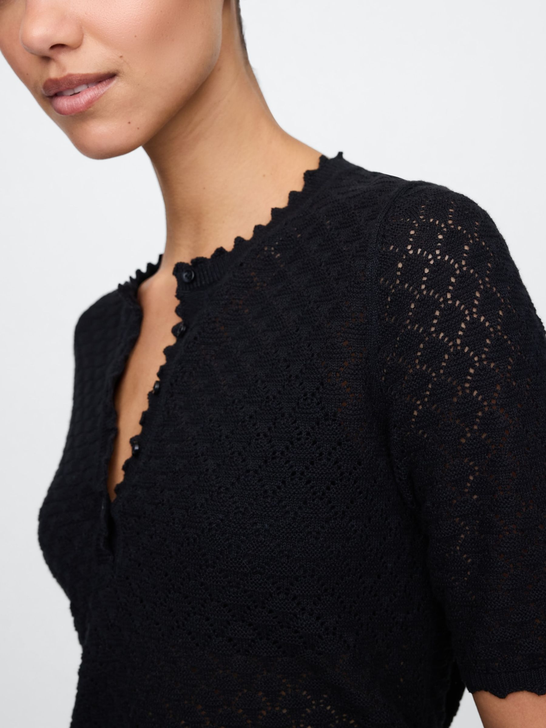 Black Linen-Blend Pointelle Henley Top - Image 4 of 5
