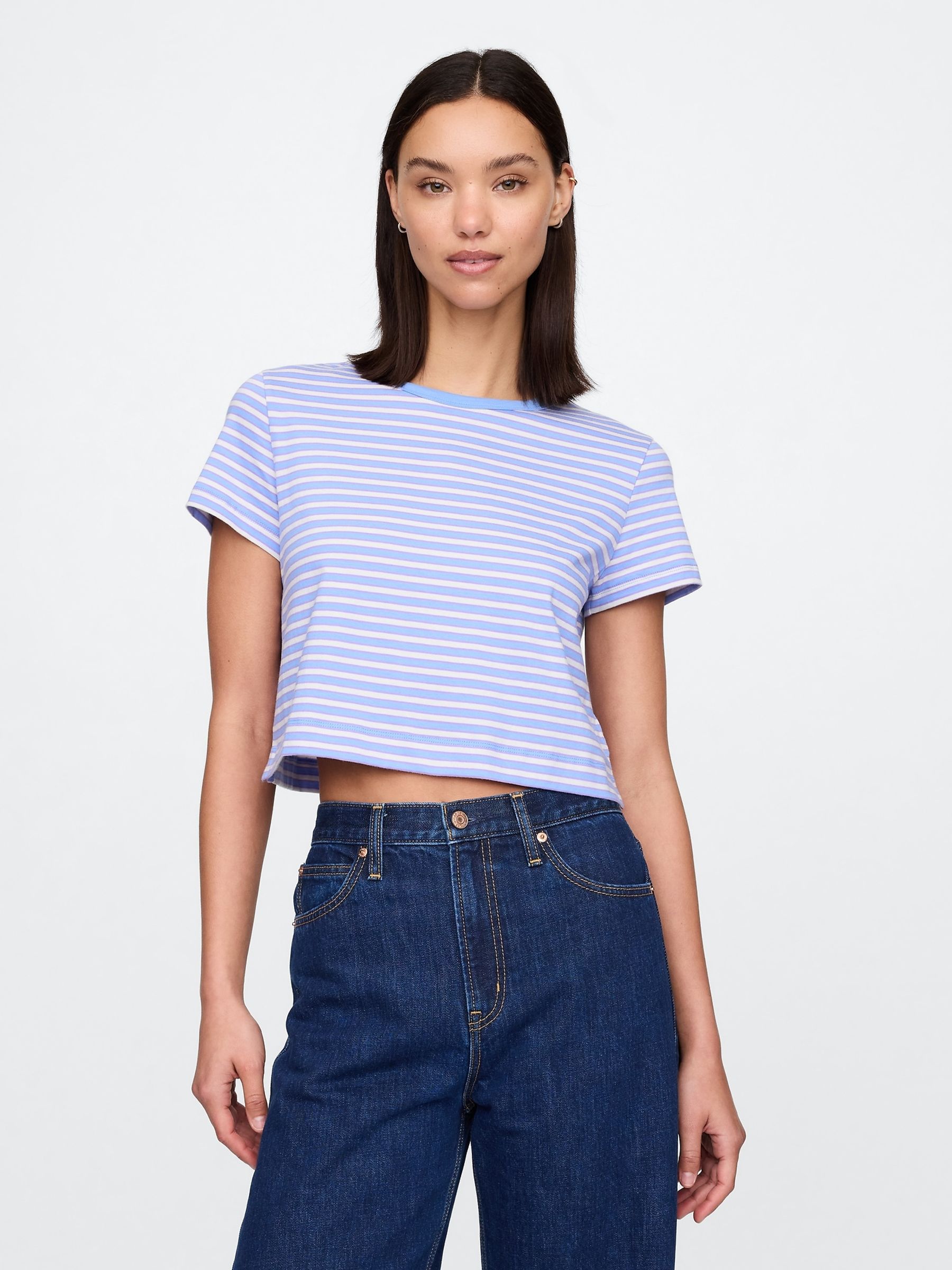 Blue & White Cotton VintageSoft Cropped Striped T-Shirt - Image 1 of 5