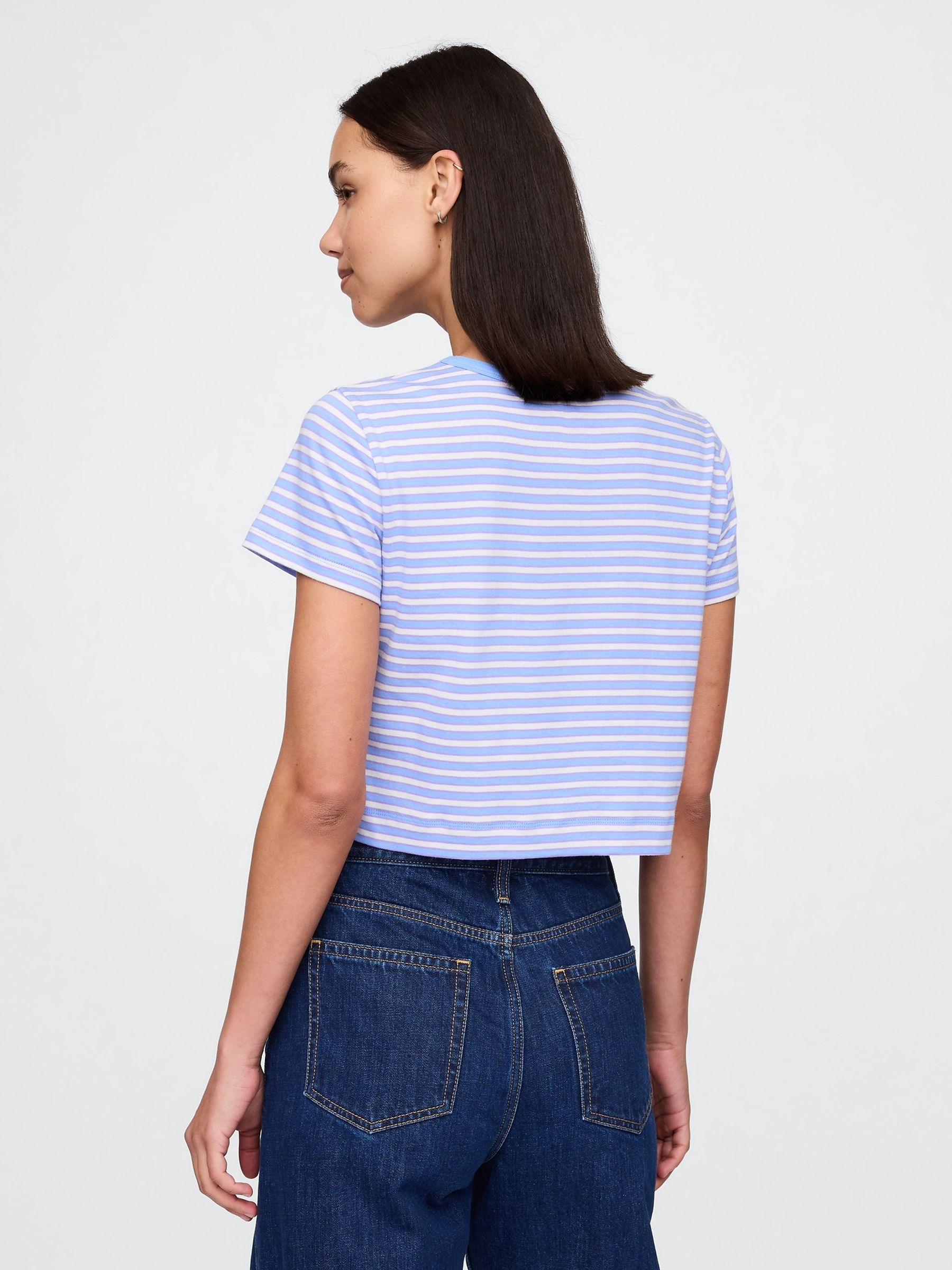Blue & White Cotton VintageSoft Cropped Striped T-Shirt - Image 2 of 5