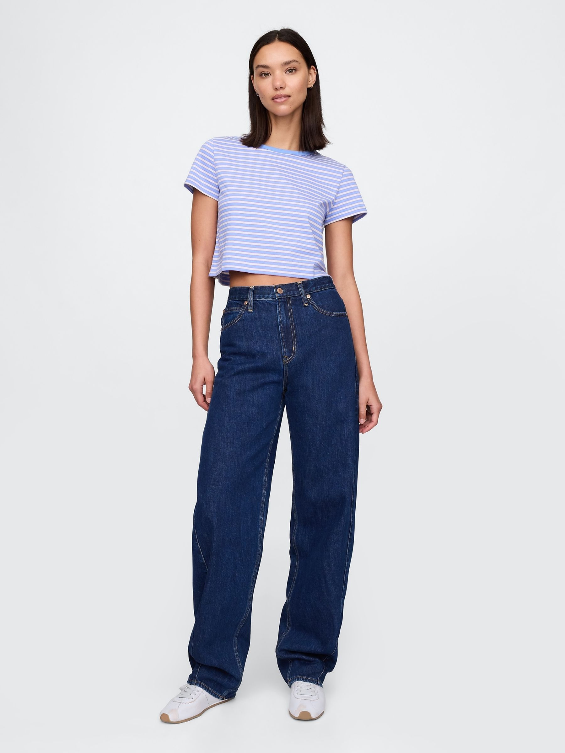 Blue & White Cotton VintageSoft Cropped Striped T-Shirt - Image 3 of 5