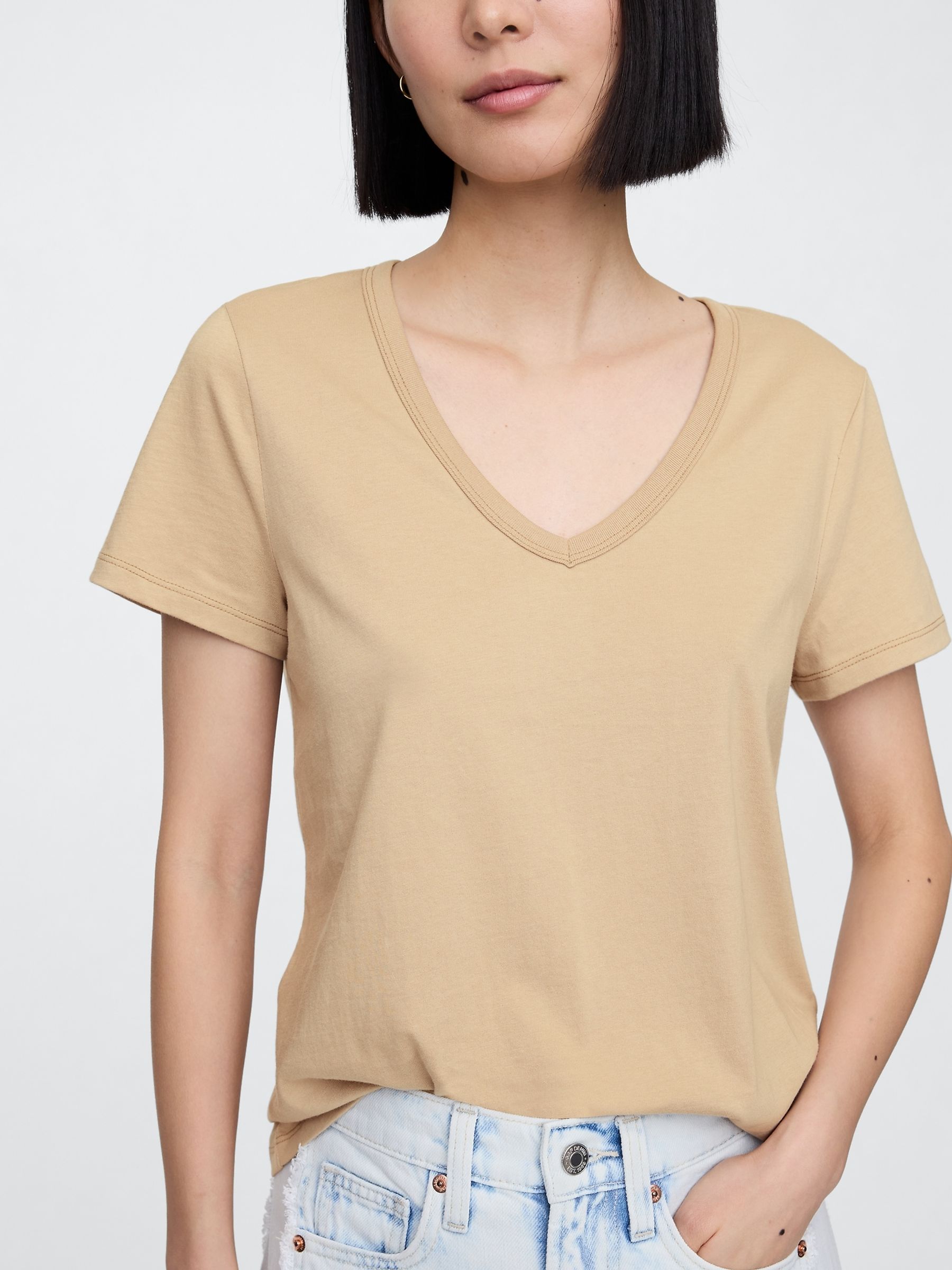 Beige V-Neck Favourite Cotton Short Sleeve T-Shirt - Image 4 of 5