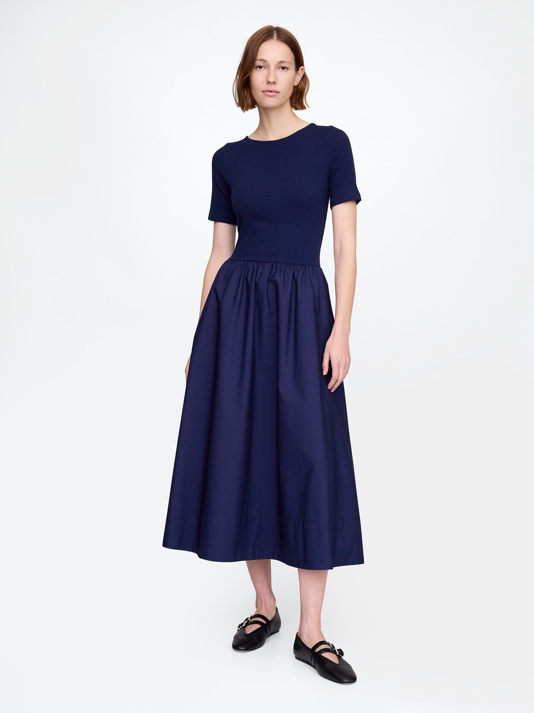 dark blue cotton dress Rihoas Puff Sleeve Midi Dress Square Neck Button Front for Summer Work, Business Casual, Vacation, Navy / S main image 1