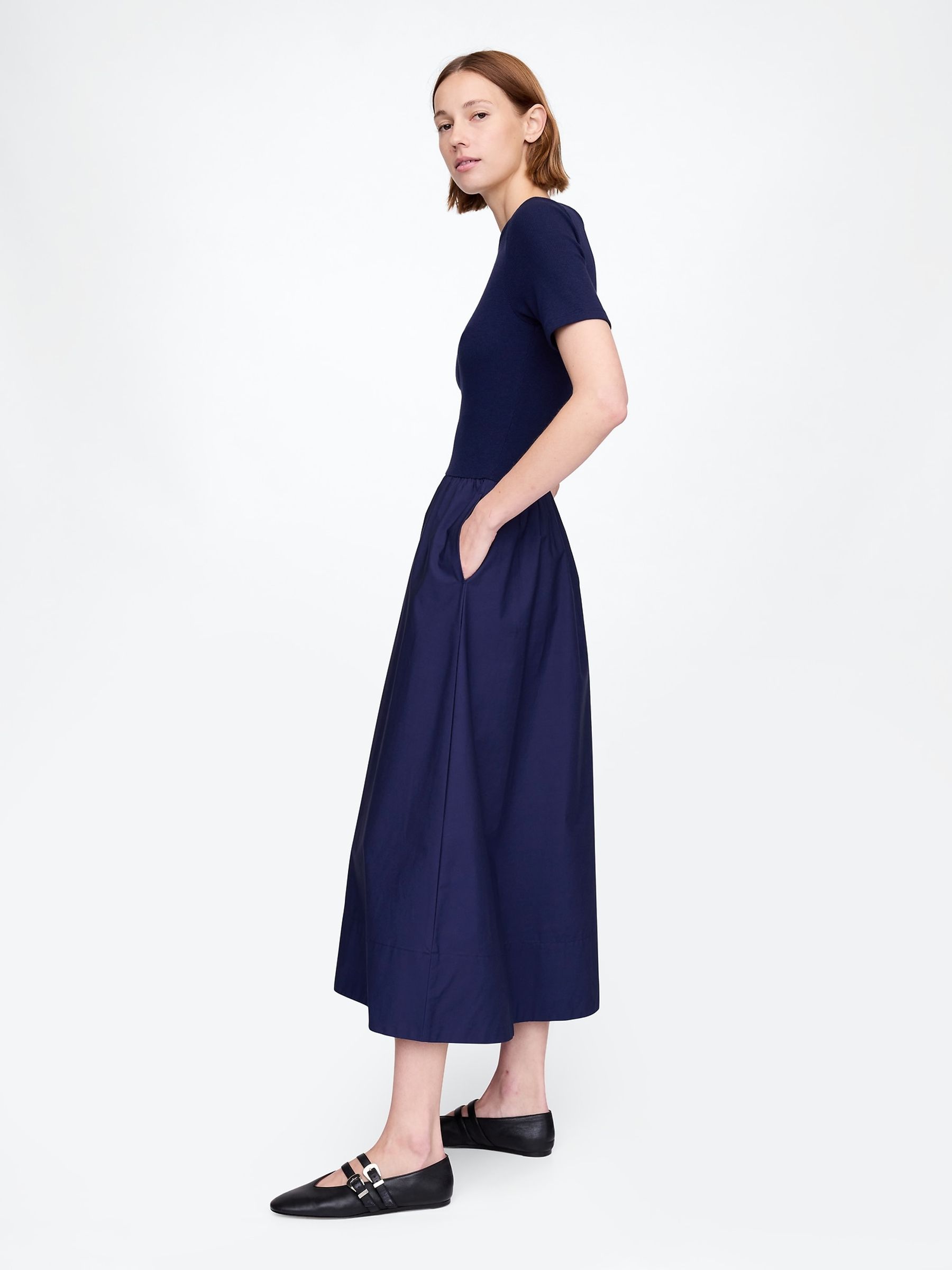 Navy Blue Modern Cotton-Modal Ribbed Midi Dress - Image 3 of 5