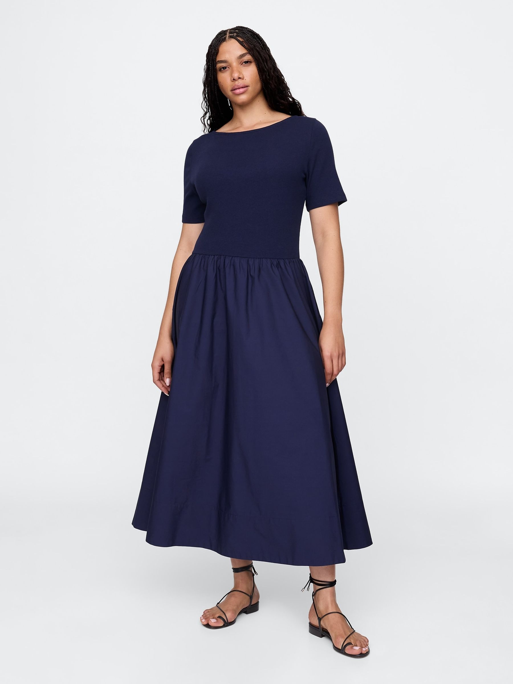 Navy Blue Modern Cotton-Modal Ribbed Midi Dress - Image 4 of 5