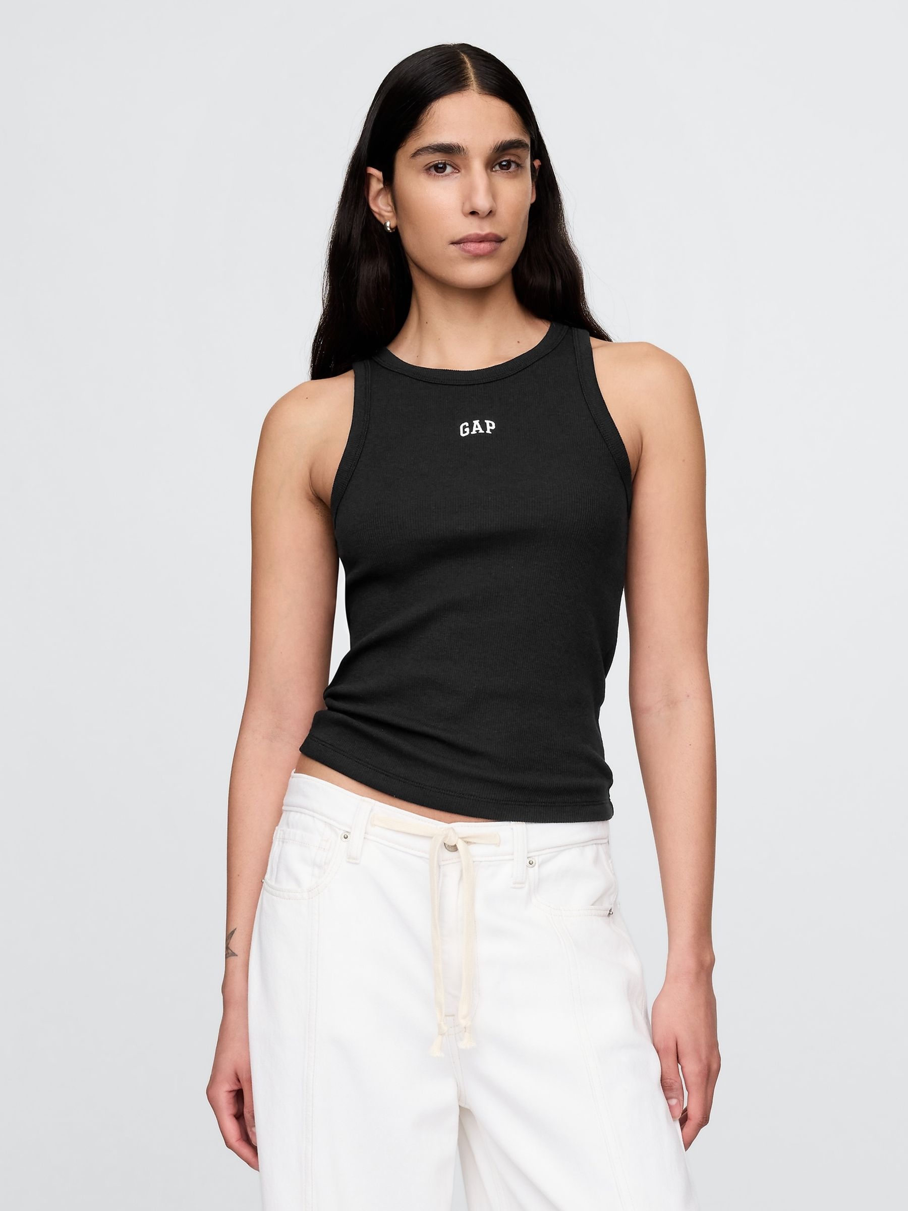 Black Modern Rib Logo Halter Top - Image 1 of 4
