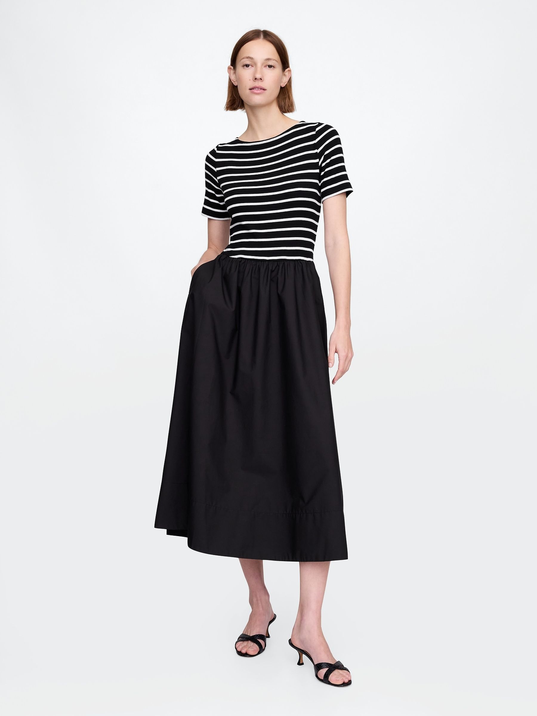 Black/White Stripe Modern Cotton-Modal Ribbed Midi Dress