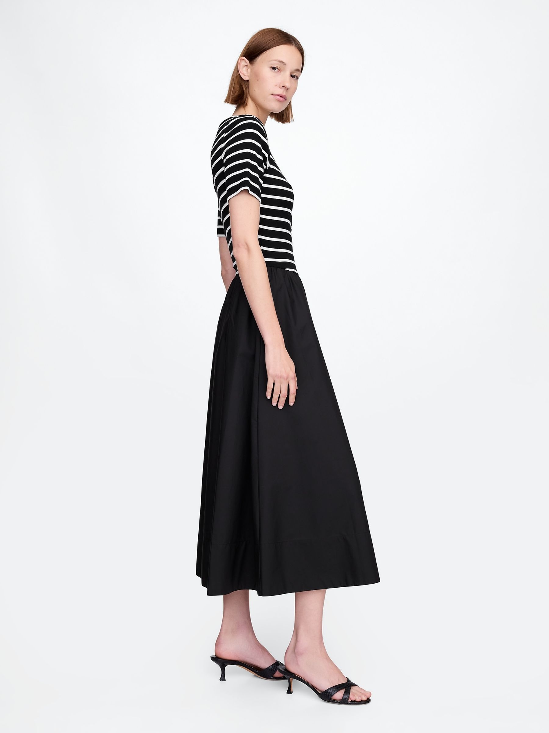 Black/White Stripe Modern Cotton-Modal Ribbed Midi Dress - Image 3 of 7