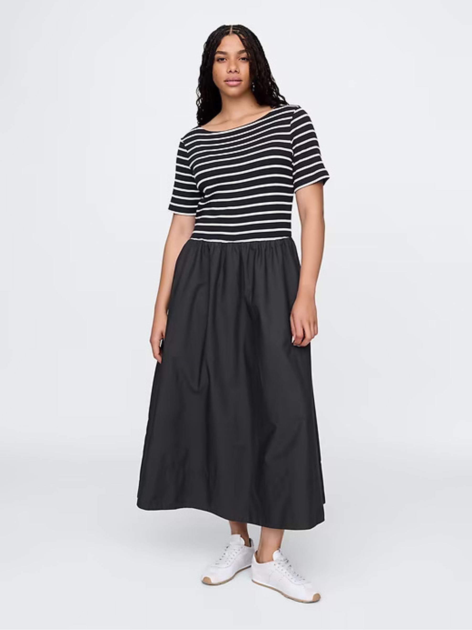 Black/White Stripe Modern Cotton-Modal Ribbed Midi Dress - Image 4 of 7