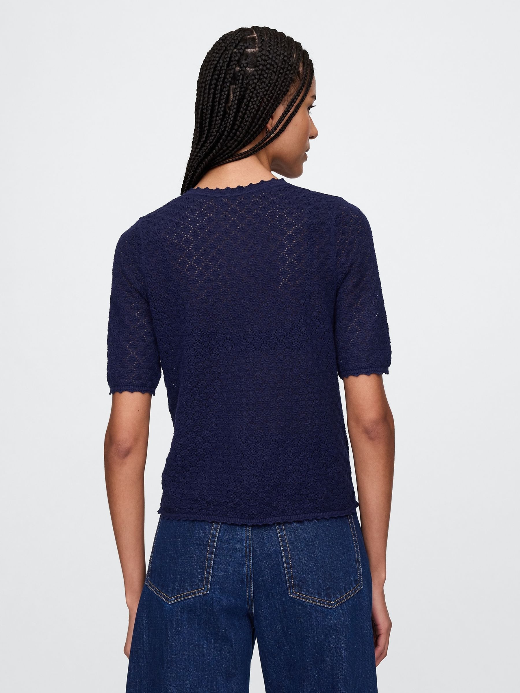 Navy Blue Linen-Blend Pointelle Henley Top - Image 2 of 5