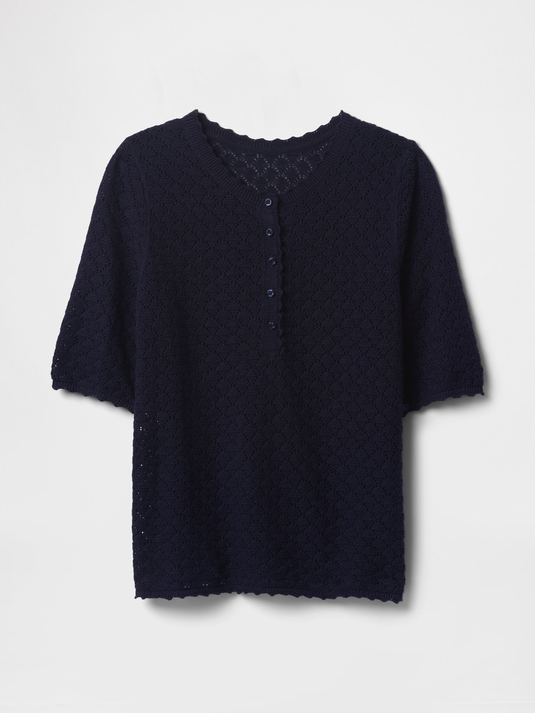 Navy Blue Linen-Blend Pointelle Henley Top - Image 4 of 5