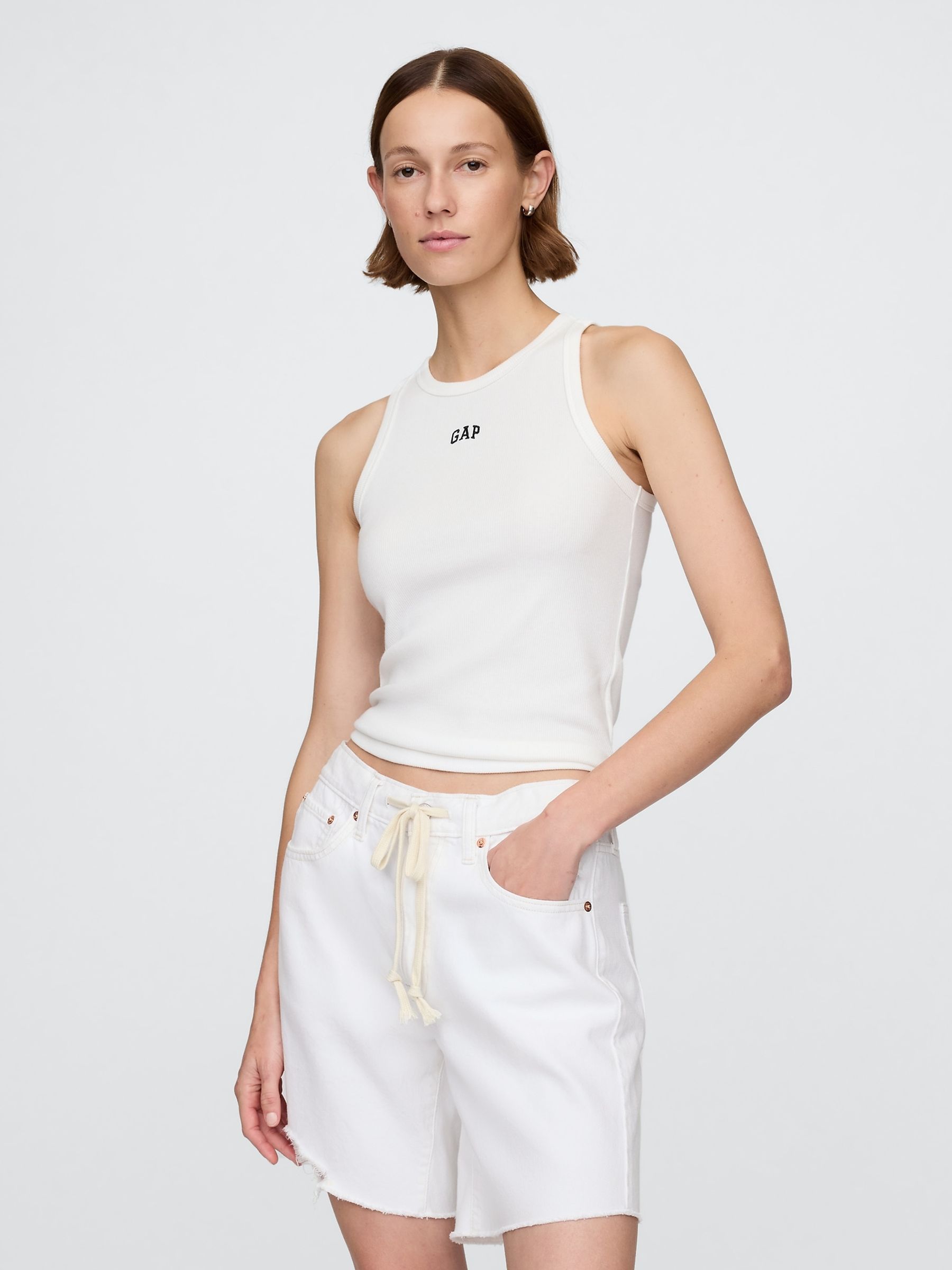 White Modern Rib Logo Halter Top - Image 1 of 4
