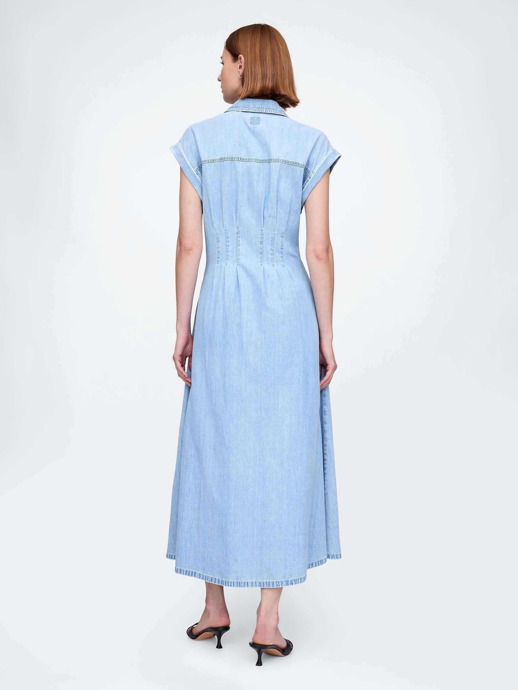 Light Blue Denim Pleated Midi Shirt Dress - Image 2 of 7