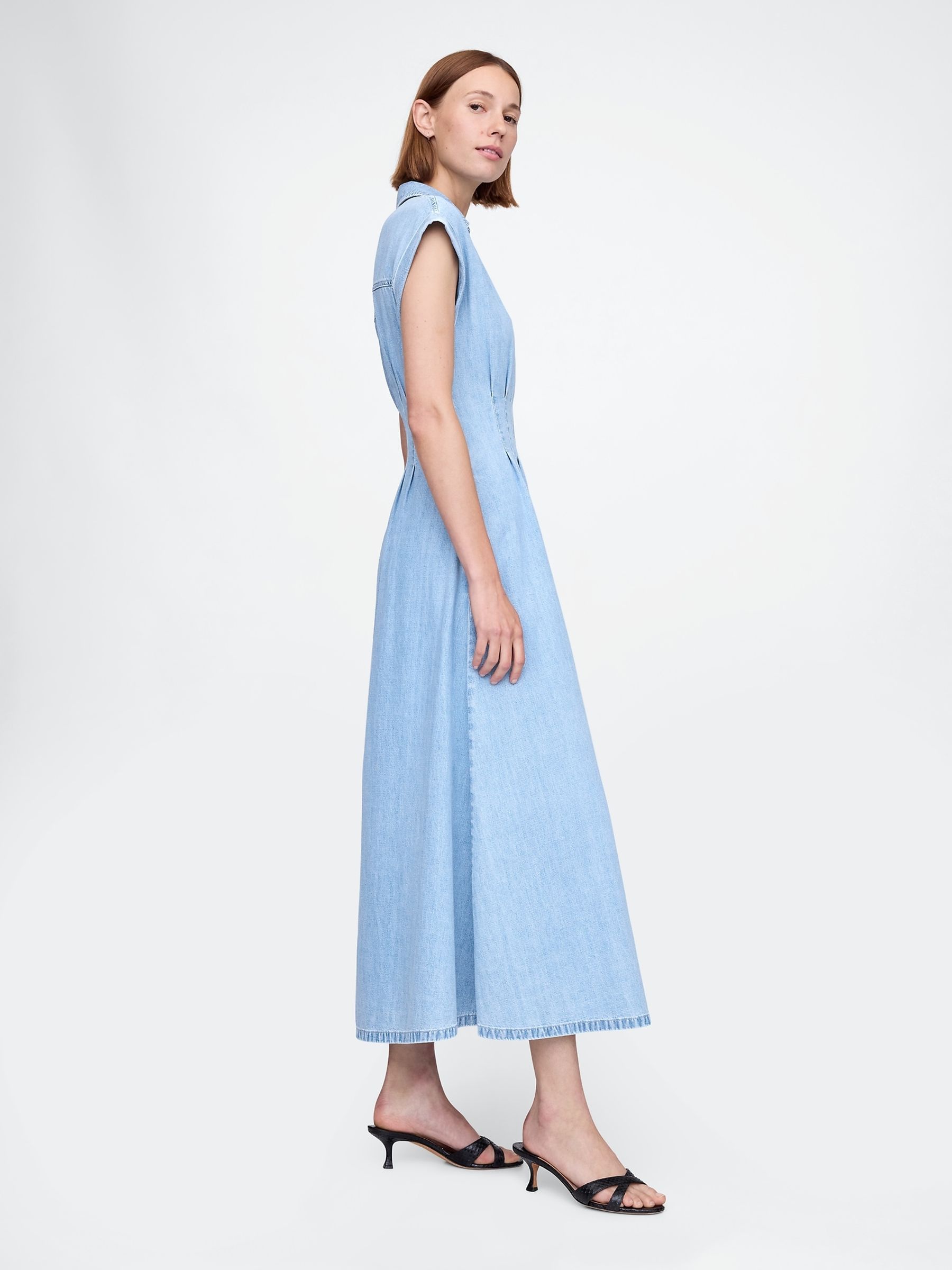 Light Blue Denim Pleated Midi Shirt Dress - Image 3 of 7