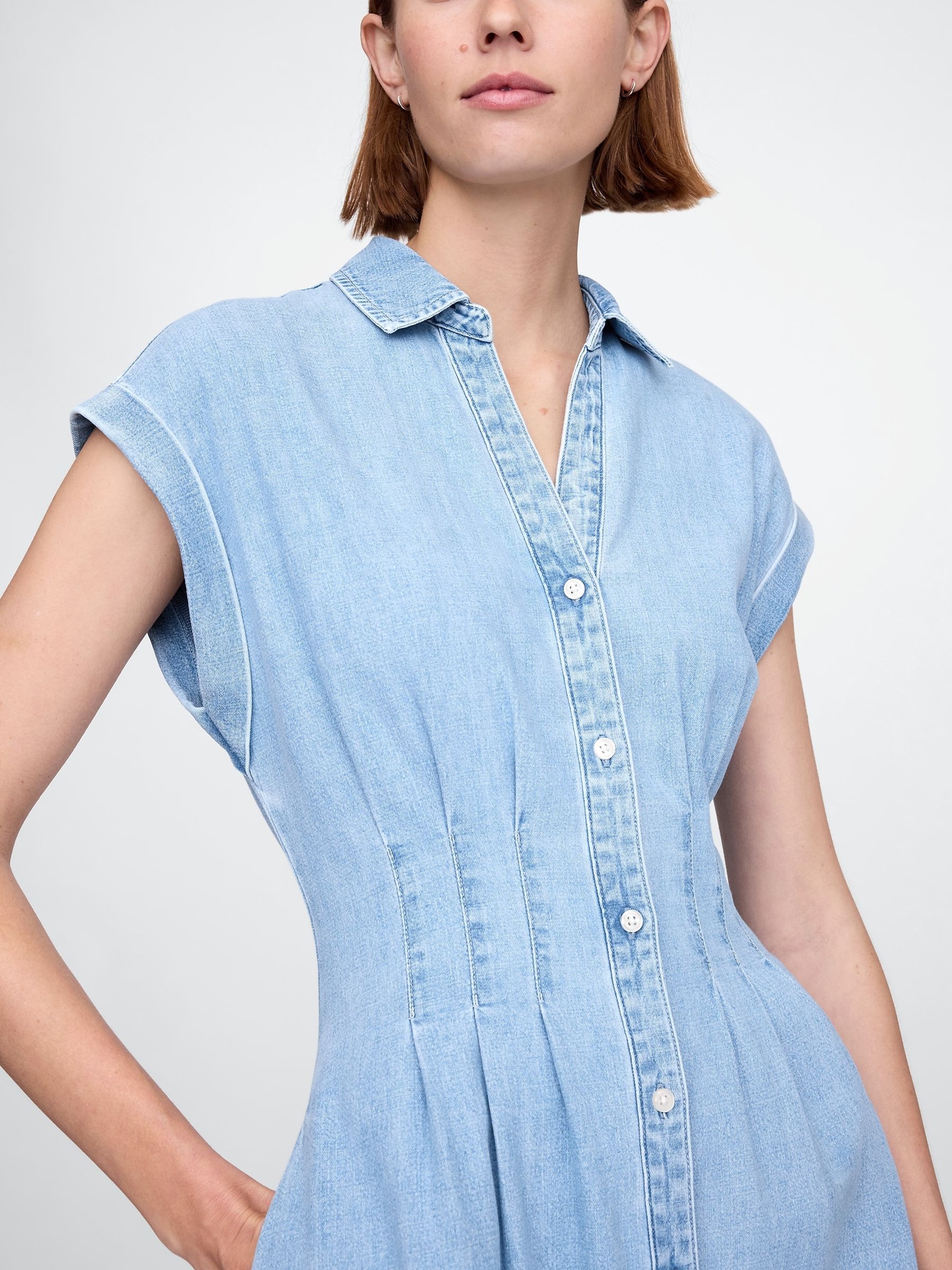 Light Blue Denim Pleated Midi Shirt Dress - Image 4 of 7