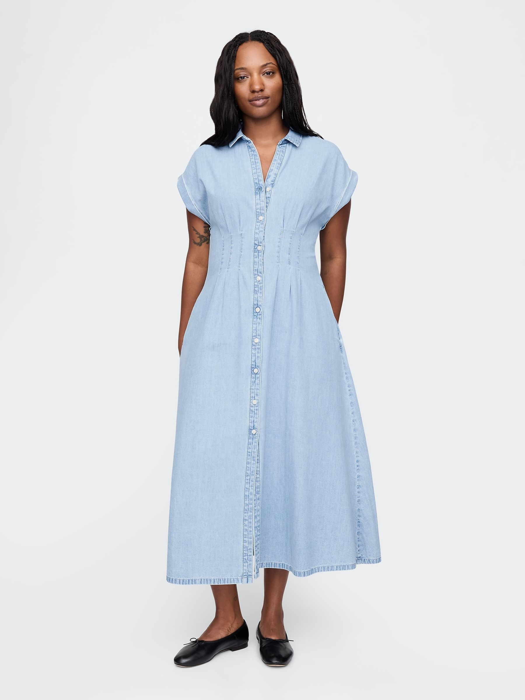Light Blue Denim Pleated Midi Shirt Dress - Image 5 of 7