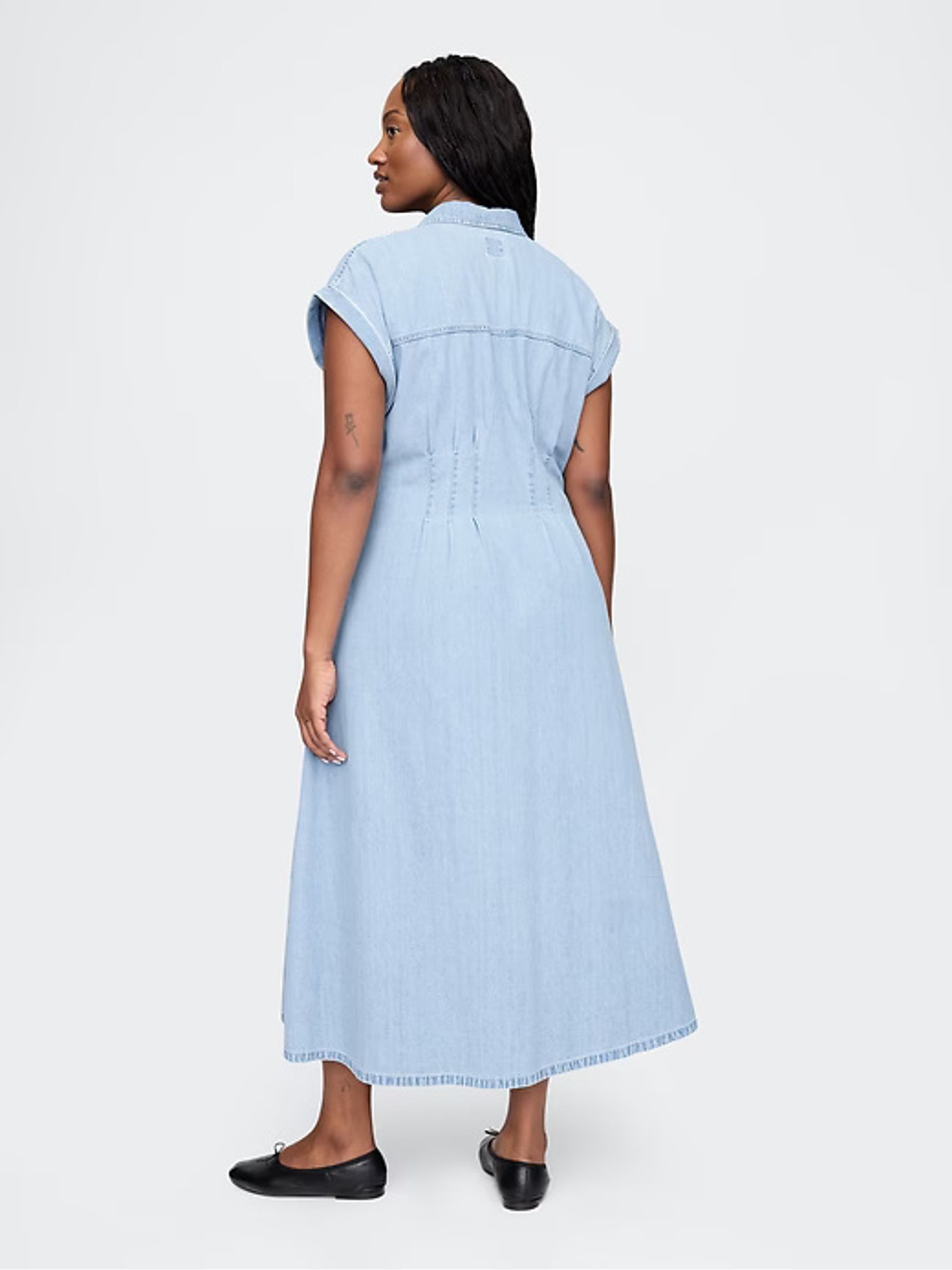 Light Blue Denim Pleated Midi Shirt Dress - Image 6 of 7
