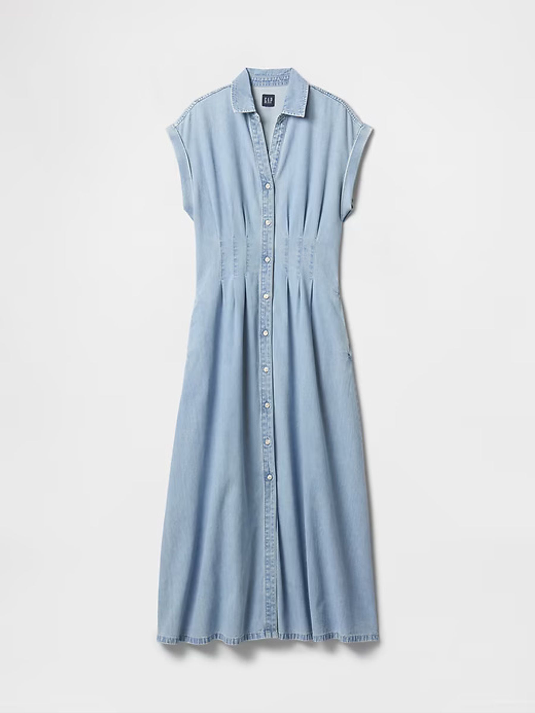 Light Blue Denim Pleated Midi Shirt Dress - Image 7 of 7