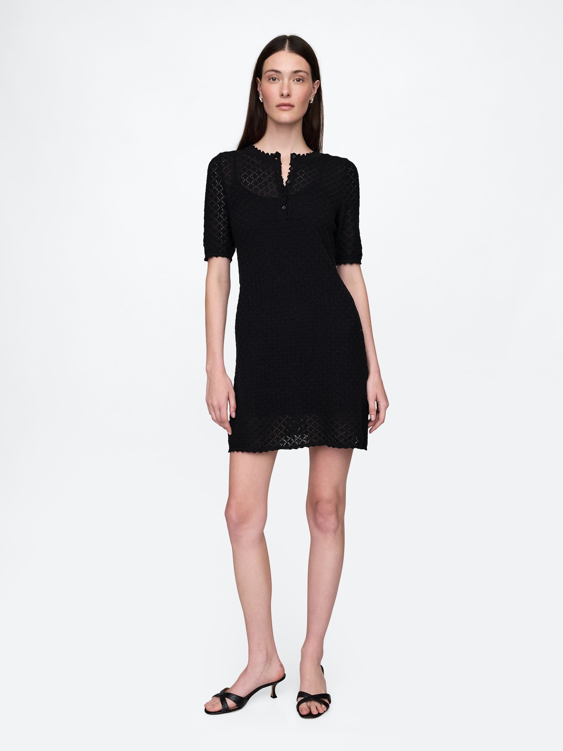 Black Linen-Blend Pointelle Mini Dress - Image 2 of 5