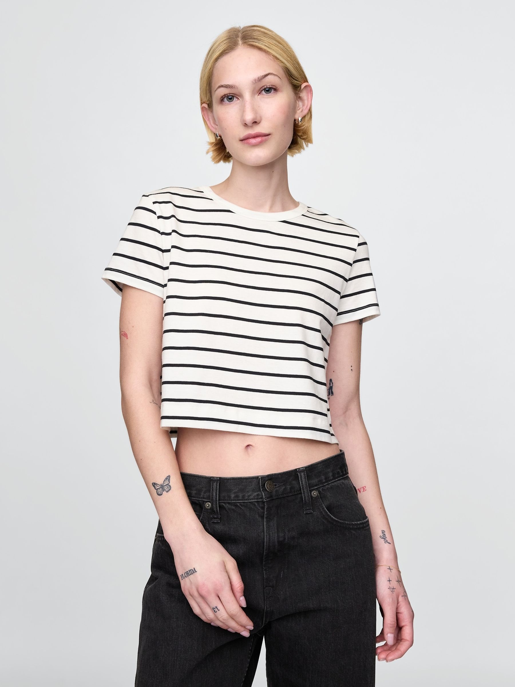 White & Black Cotton VintageSoft Cropped Striped T-Shirt - Image 1 of 5