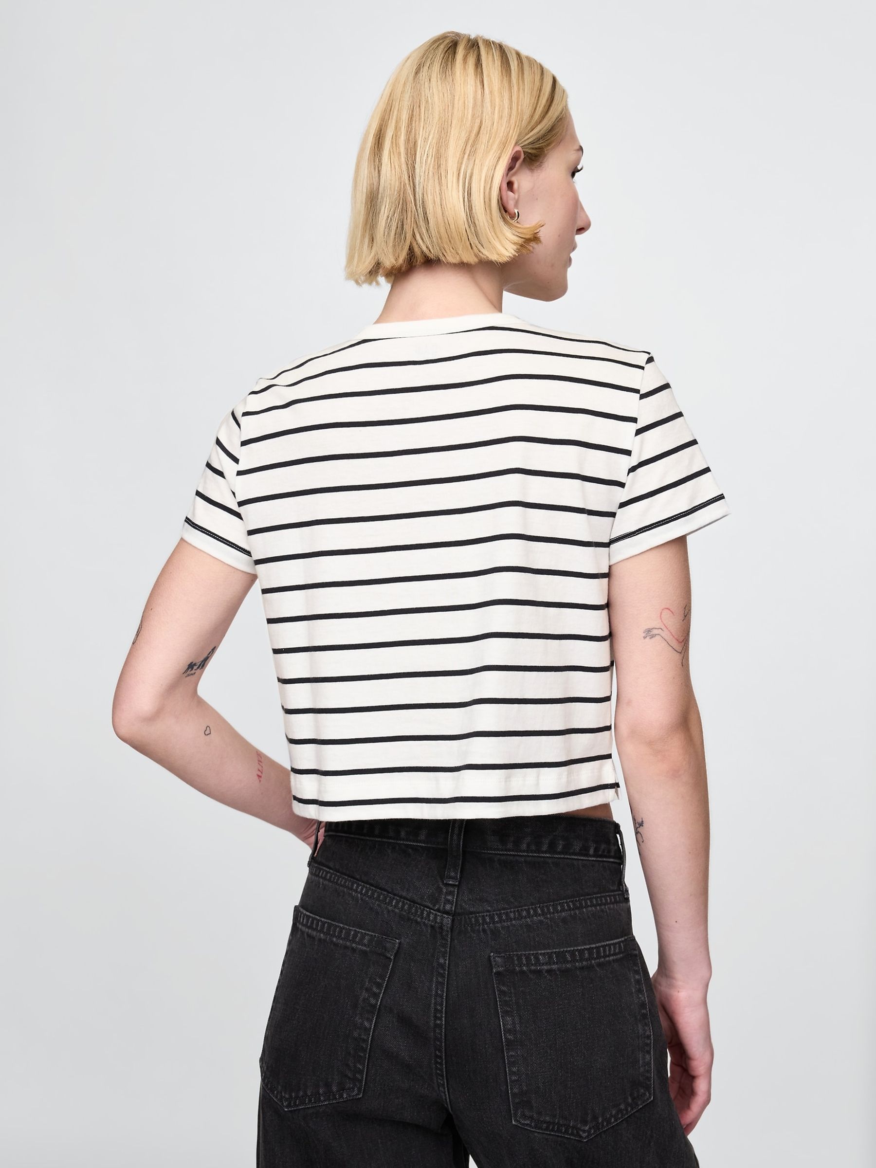 White & Black Cotton VintageSoft Cropped Striped T-Shirt - Image 2 of 5