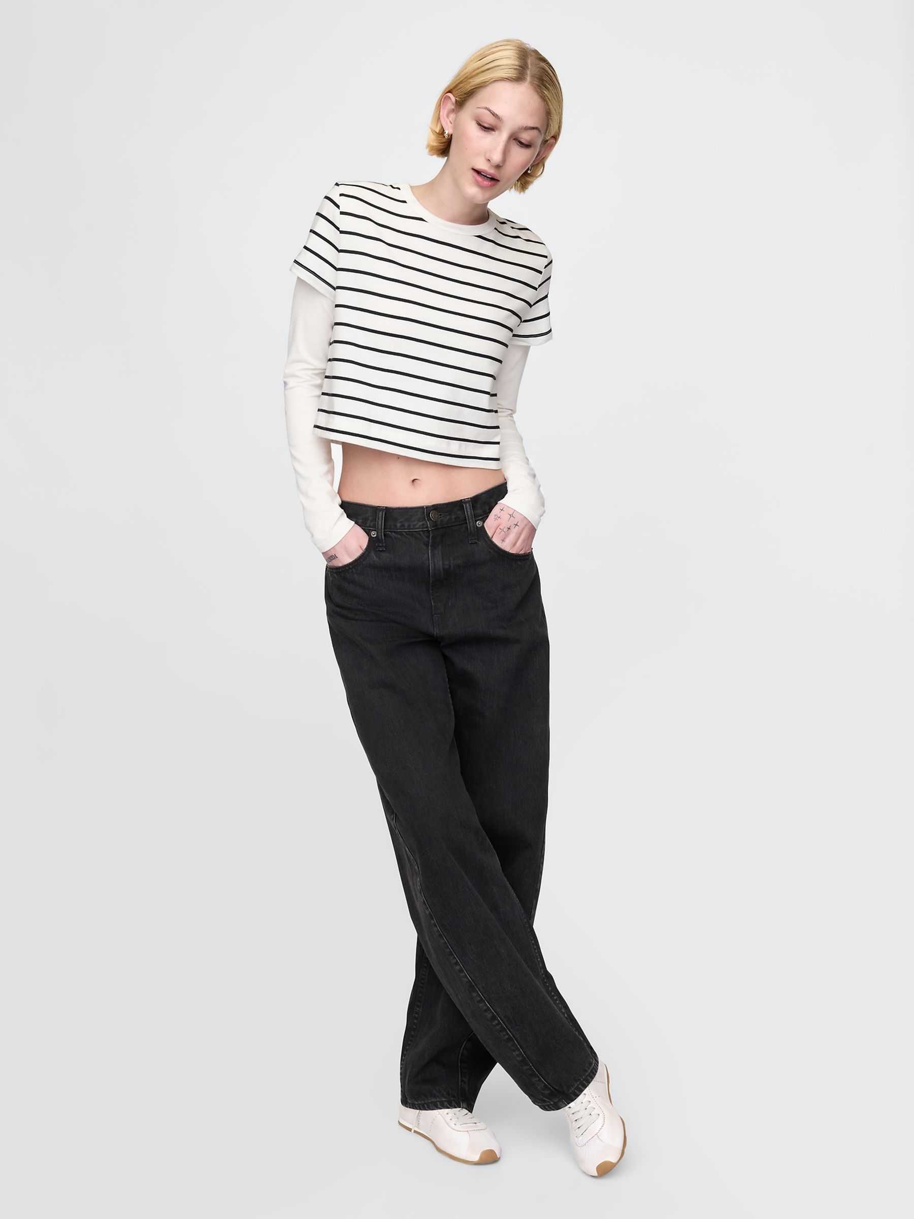 White & Black Cotton VintageSoft Cropped Striped T-Shirt - Image 3 of 5