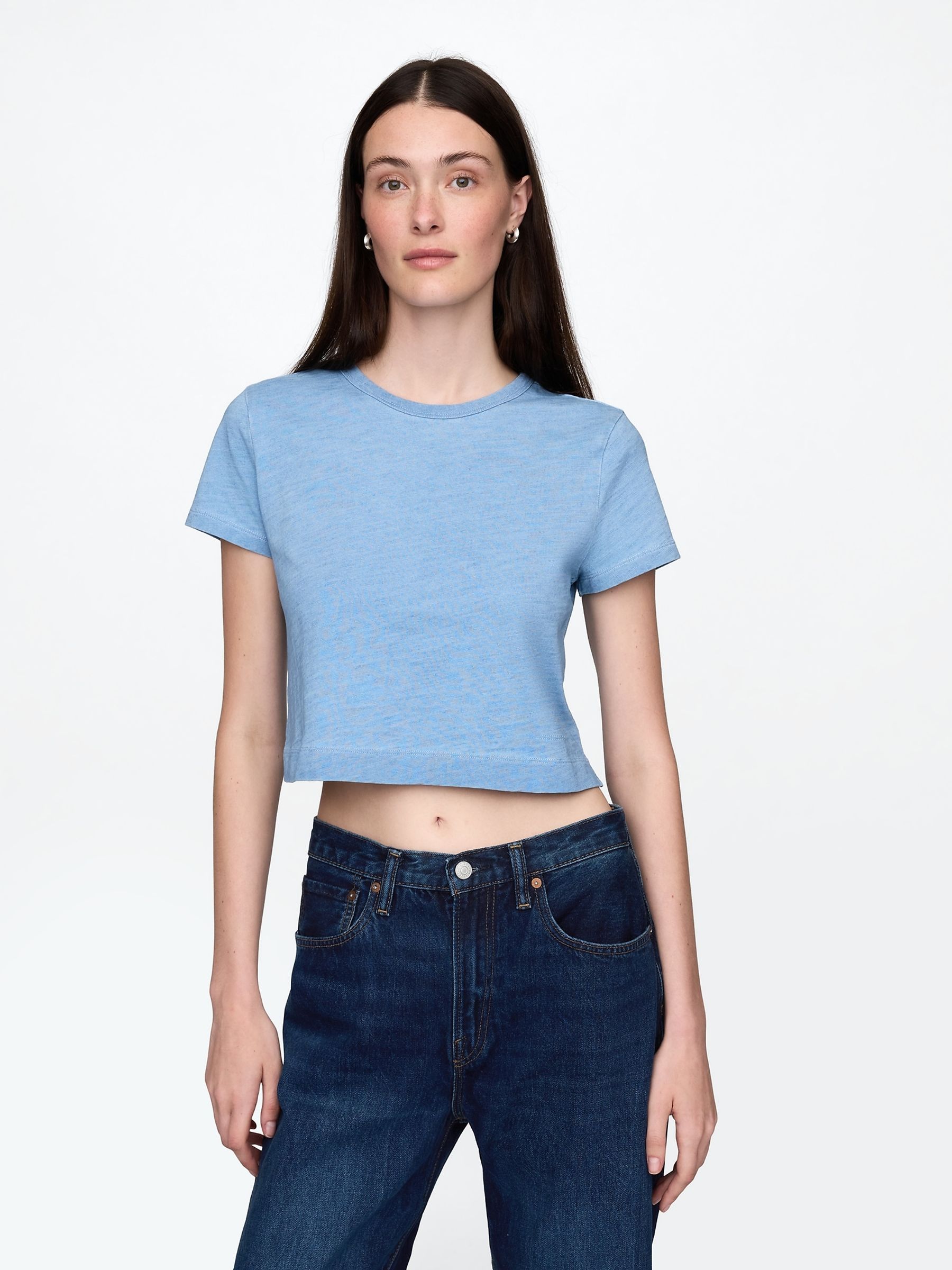 Blue Cotton Crew Neck Cropped T-Shirt - Image 1 of 4