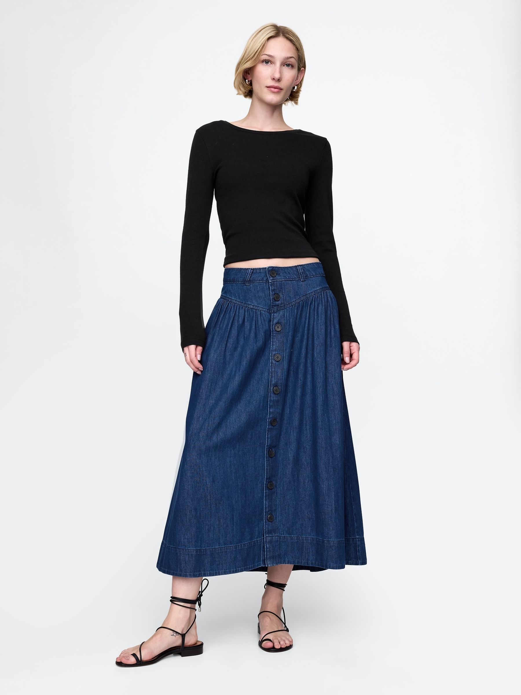 Blue Denim Western Yoke Midi Skirt - Image 1 of 5