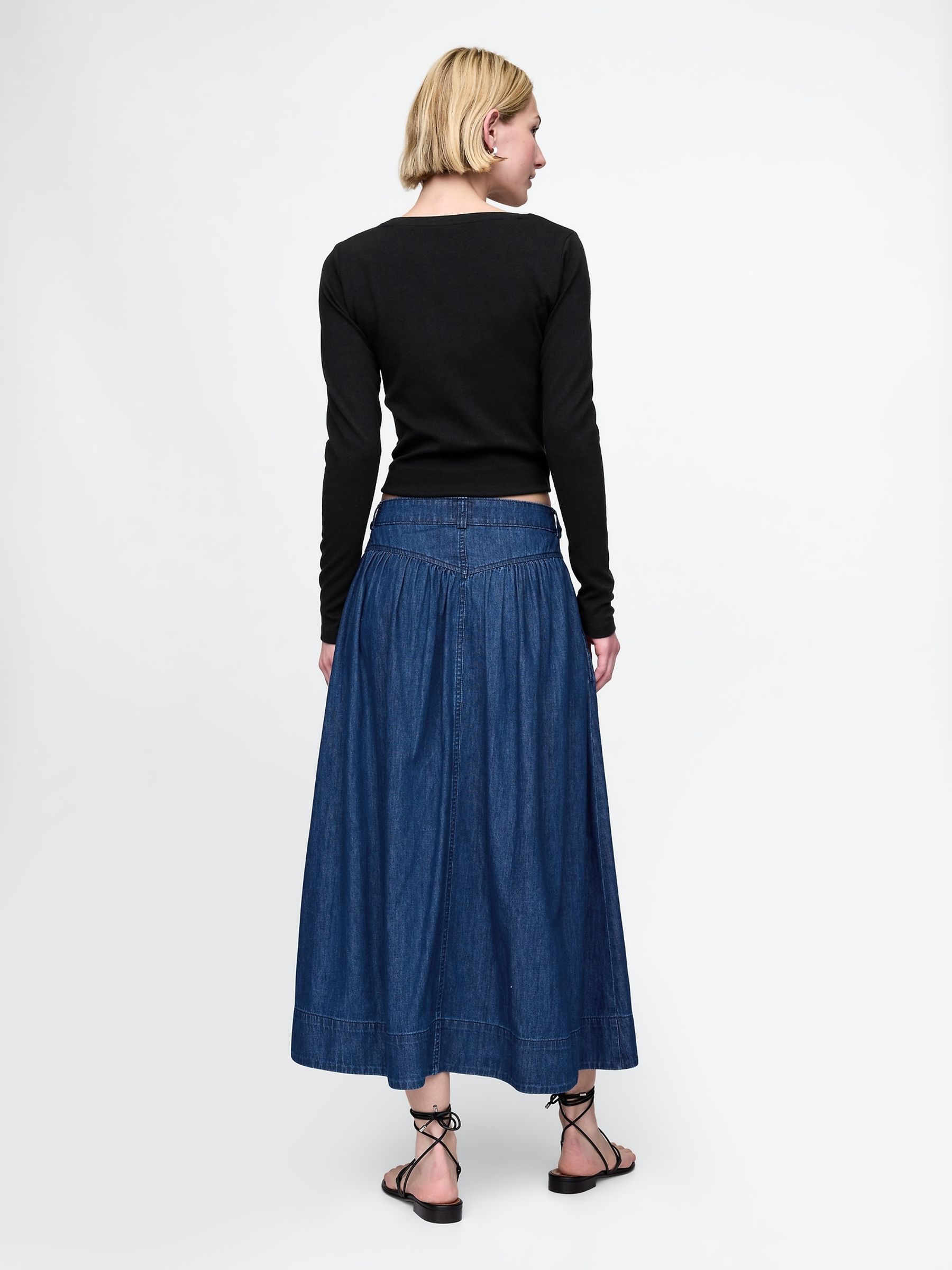 Blue Denim Western Yoke Midi Skirt - Image 2 of 5