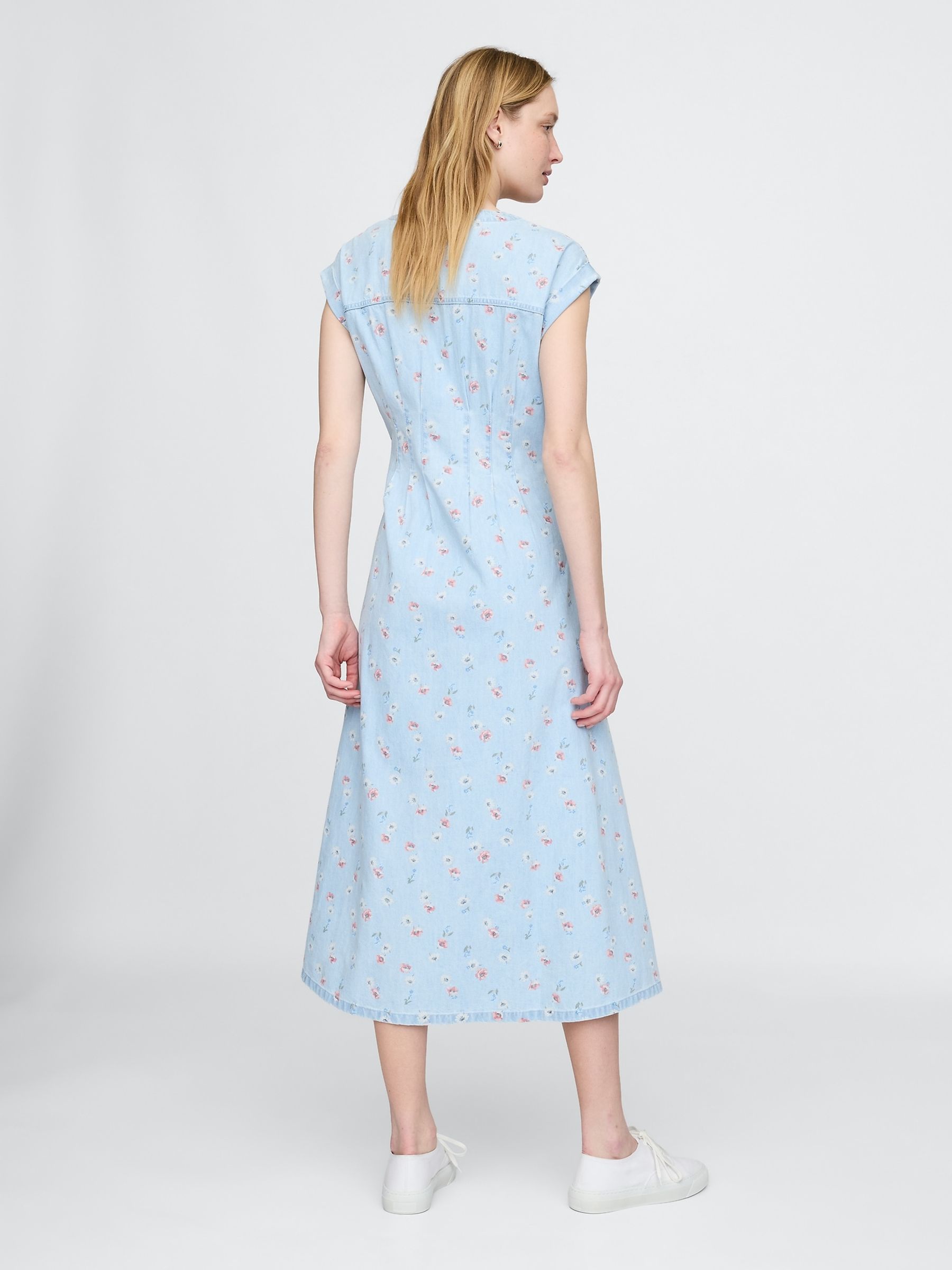 Blue Floral Pleated Denim Midi Dress - Image 2 of 7