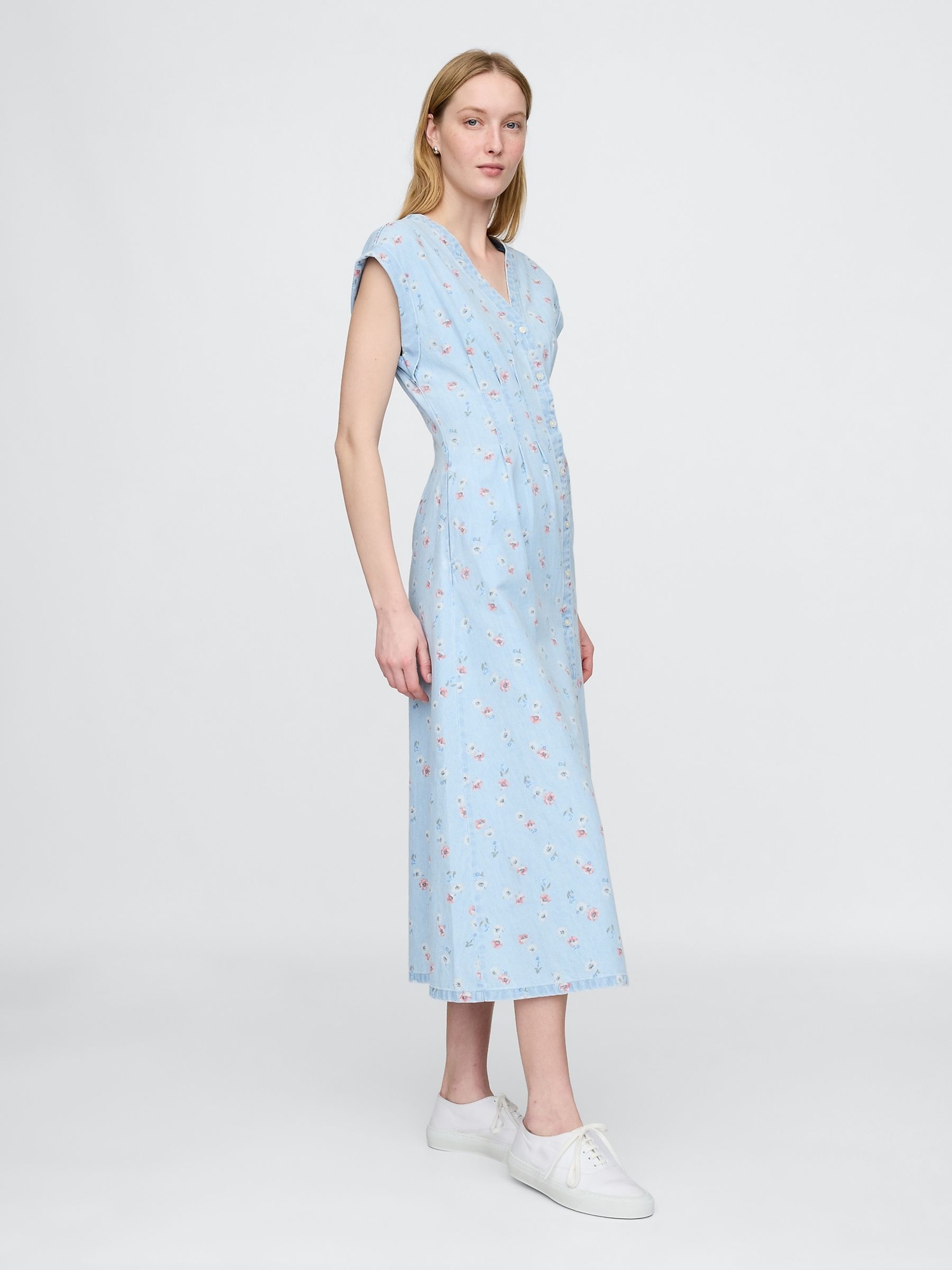 Blue Floral Pleated Denim Midi Dress - Image 3 of 7
