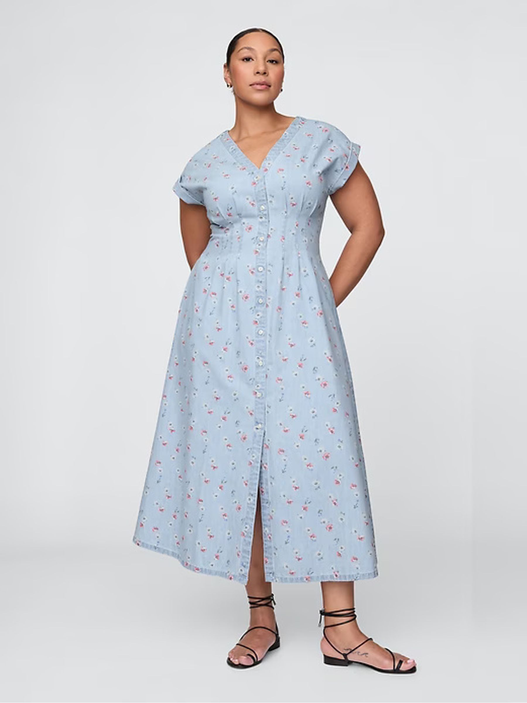 Blue Floral Pleated Denim Midi Dress - Image 4 of 7