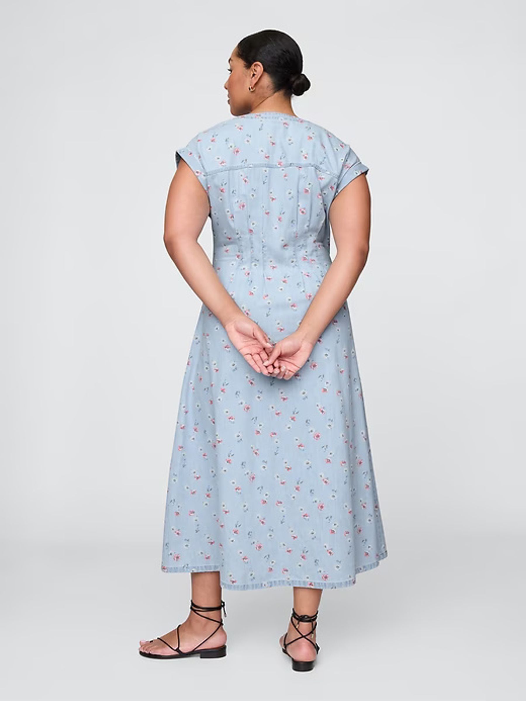 Blue Floral Pleated Denim Midi Dress - Image 5 of 7