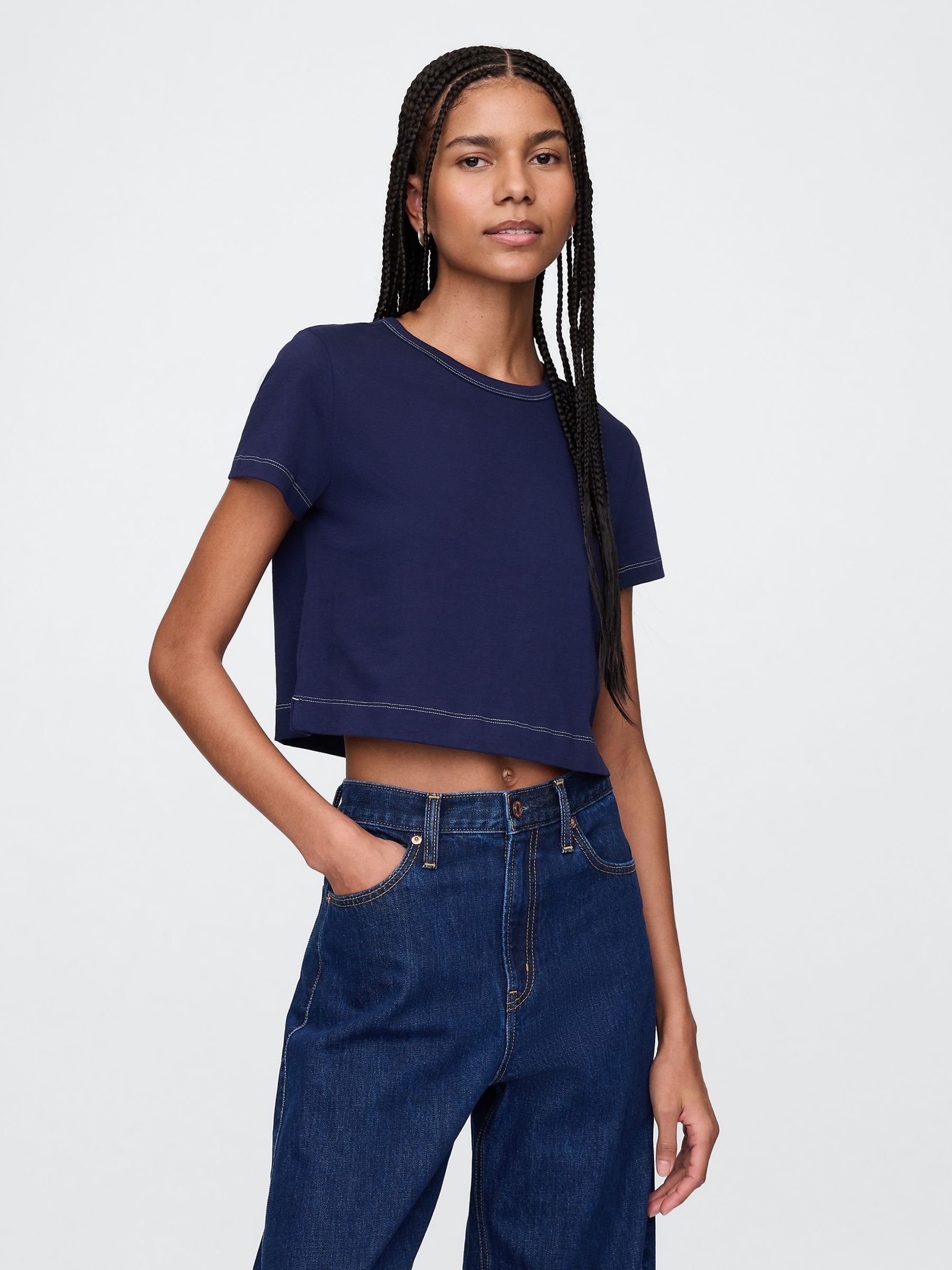 Denim Blue Cotton Crew Neck Cropped T-Shirt - Image 1 of 5